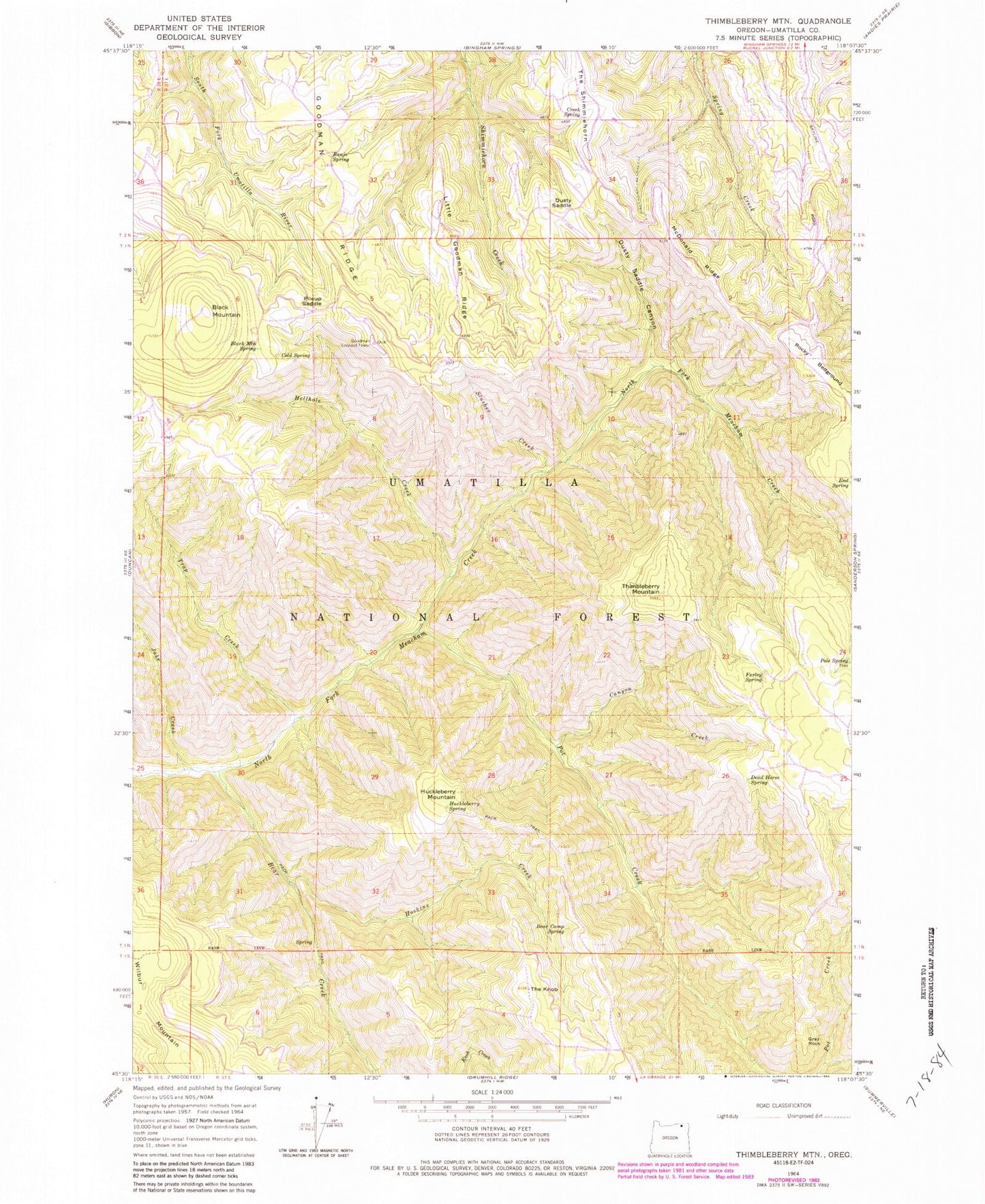Classic USGS Thimbleberry Mountain Oregon 7.5'x7.5' Topo Map Image