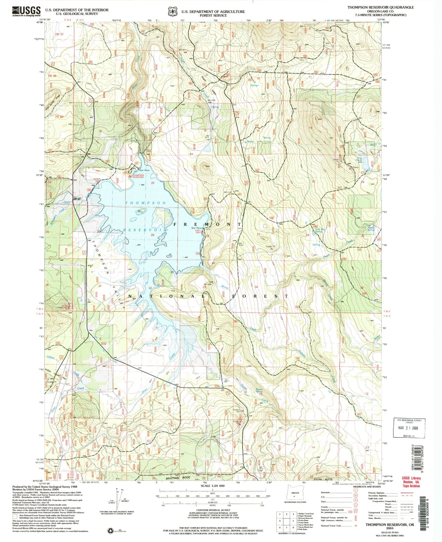 Classic USGS Thompson Reservoir Oregon 7.5'x7.5' Topo Map Image