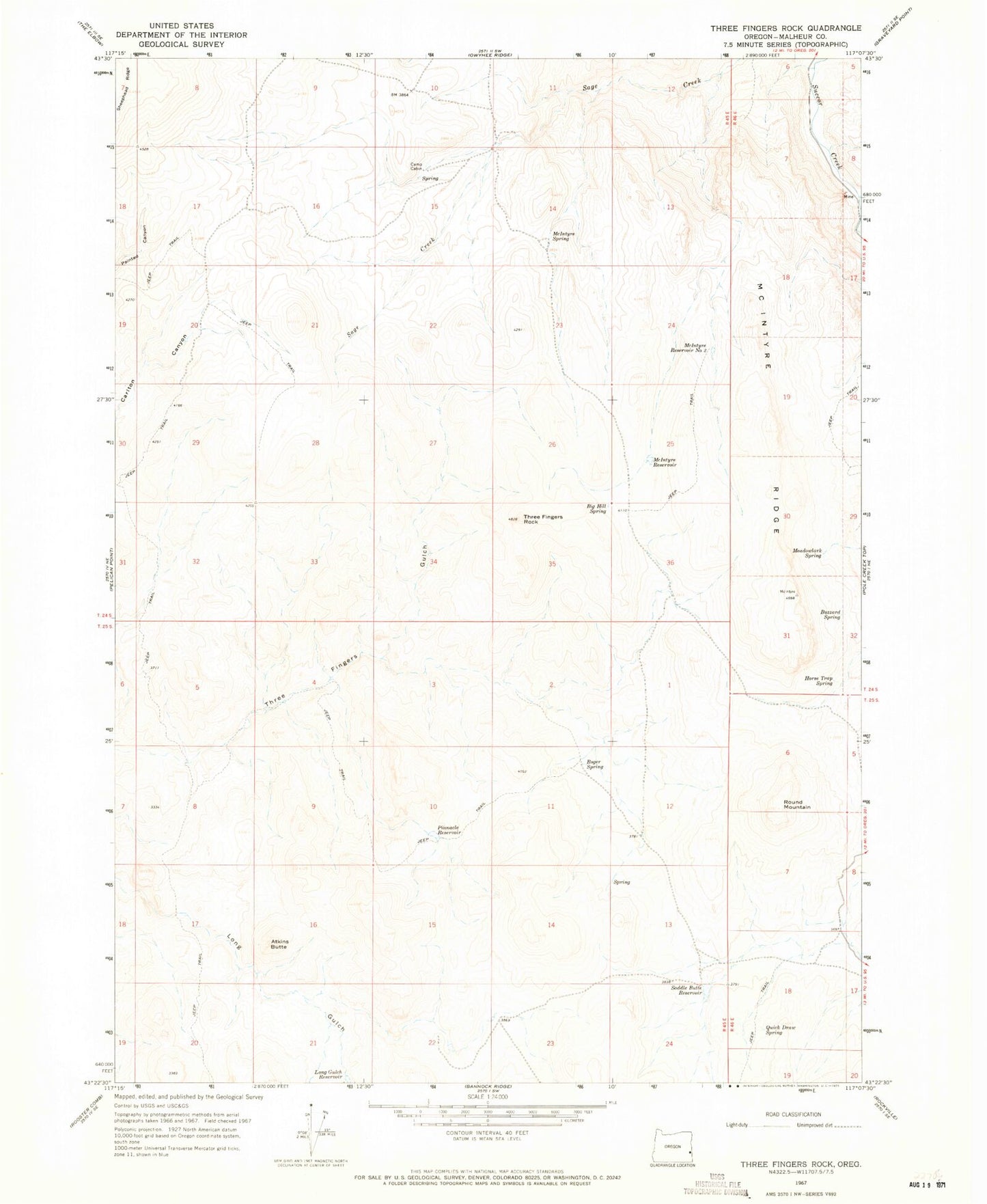 Classic USGS Three Fingers Rock Oregon 7.5'x7.5' Topo Map Image