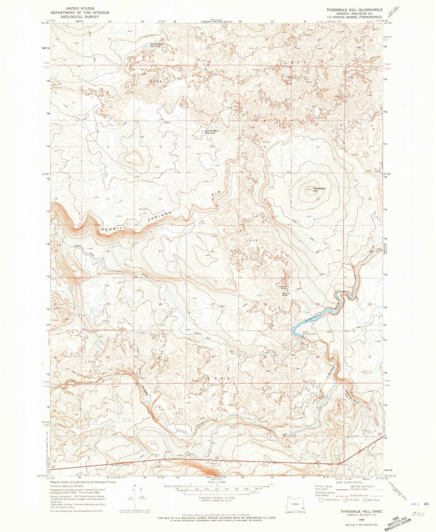 Classic USGS Threemile Hill Oregon 7.5'x7.5' Topo Map Image