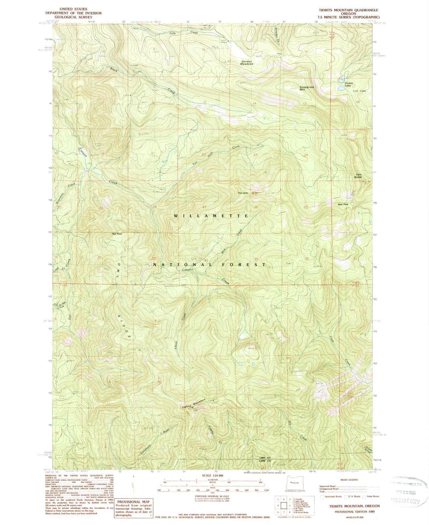 Classic USGS Tidbits Mountain Oregon 7.5'x7.5' Topo Map Image