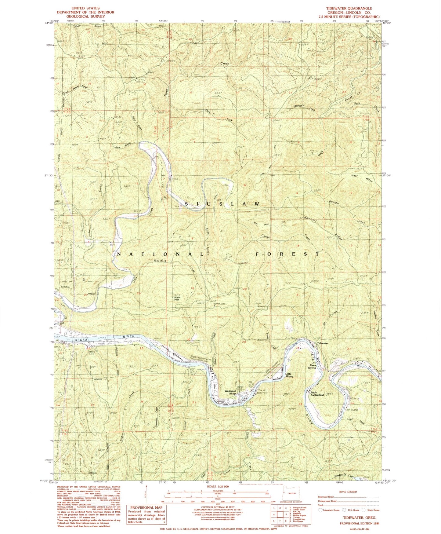 Classic USGS Tidewater Oregon 7.5'x7.5' Topo Map Image