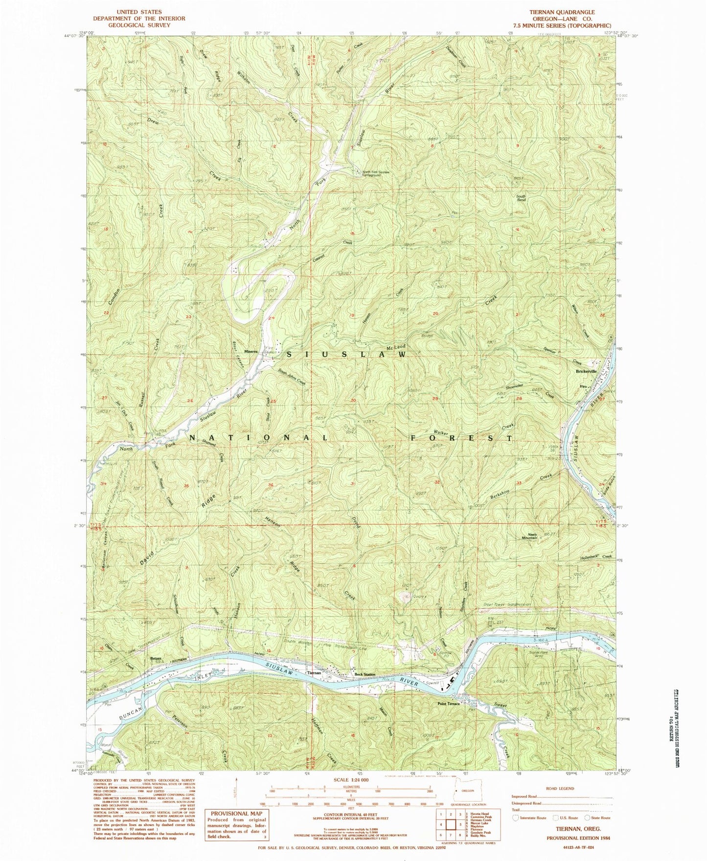 Classic USGS Tiernan Oregon 7.5'x7.5' Topo Map Image