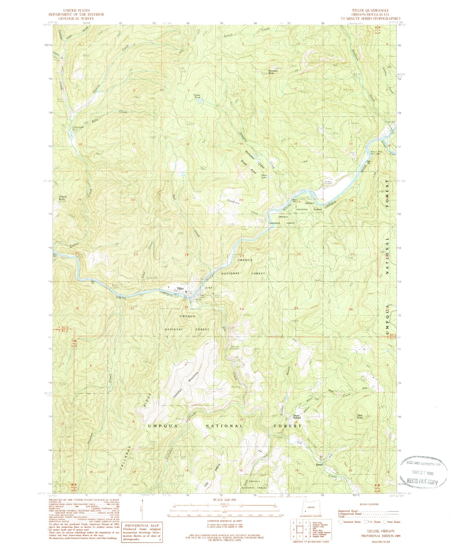 Classic USGS Tiller Oregon 7.5'x7.5' Topo Map Image