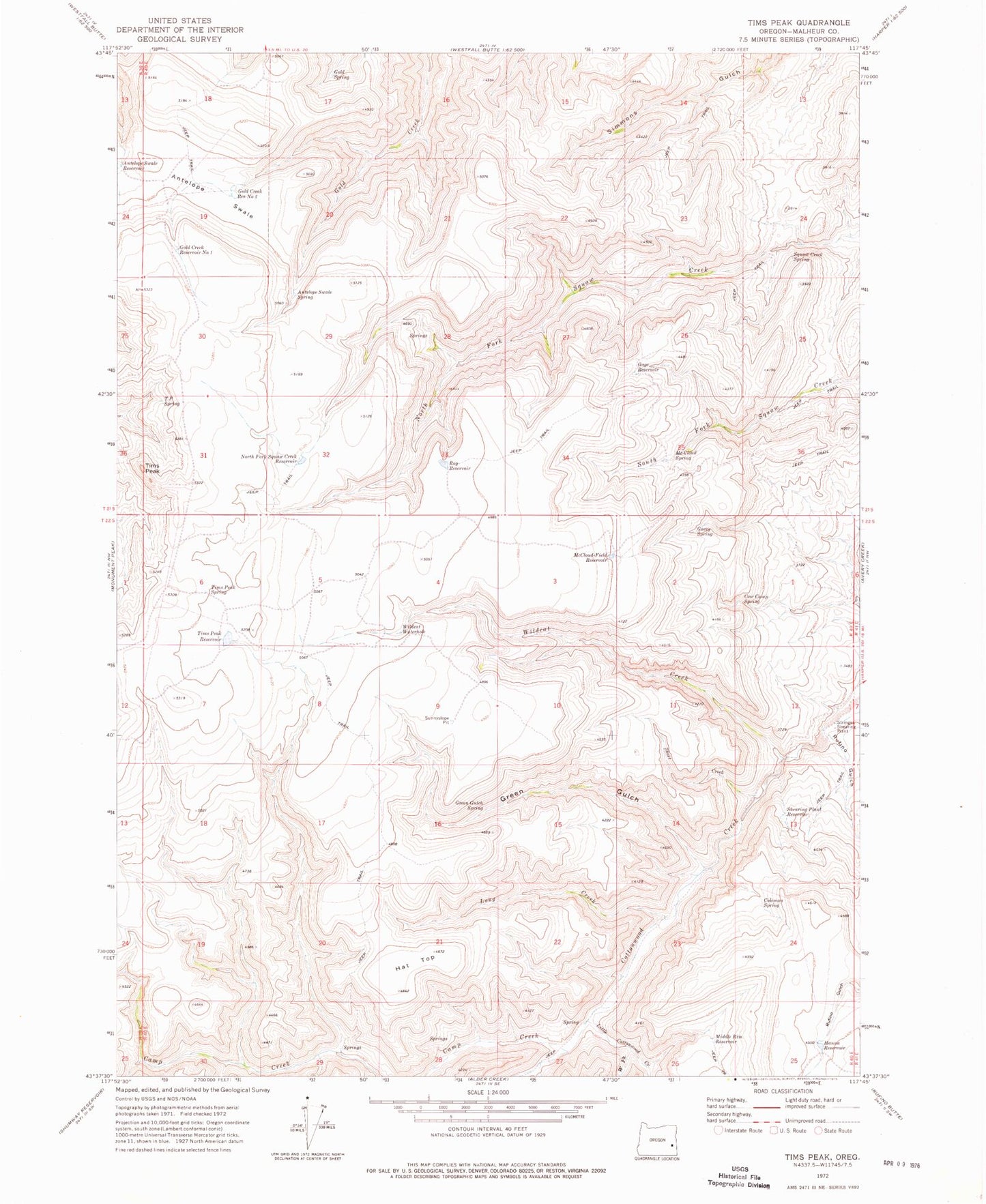 Classic USGS Tims Peak Oregon 7.5'x7.5' Topo Map Image