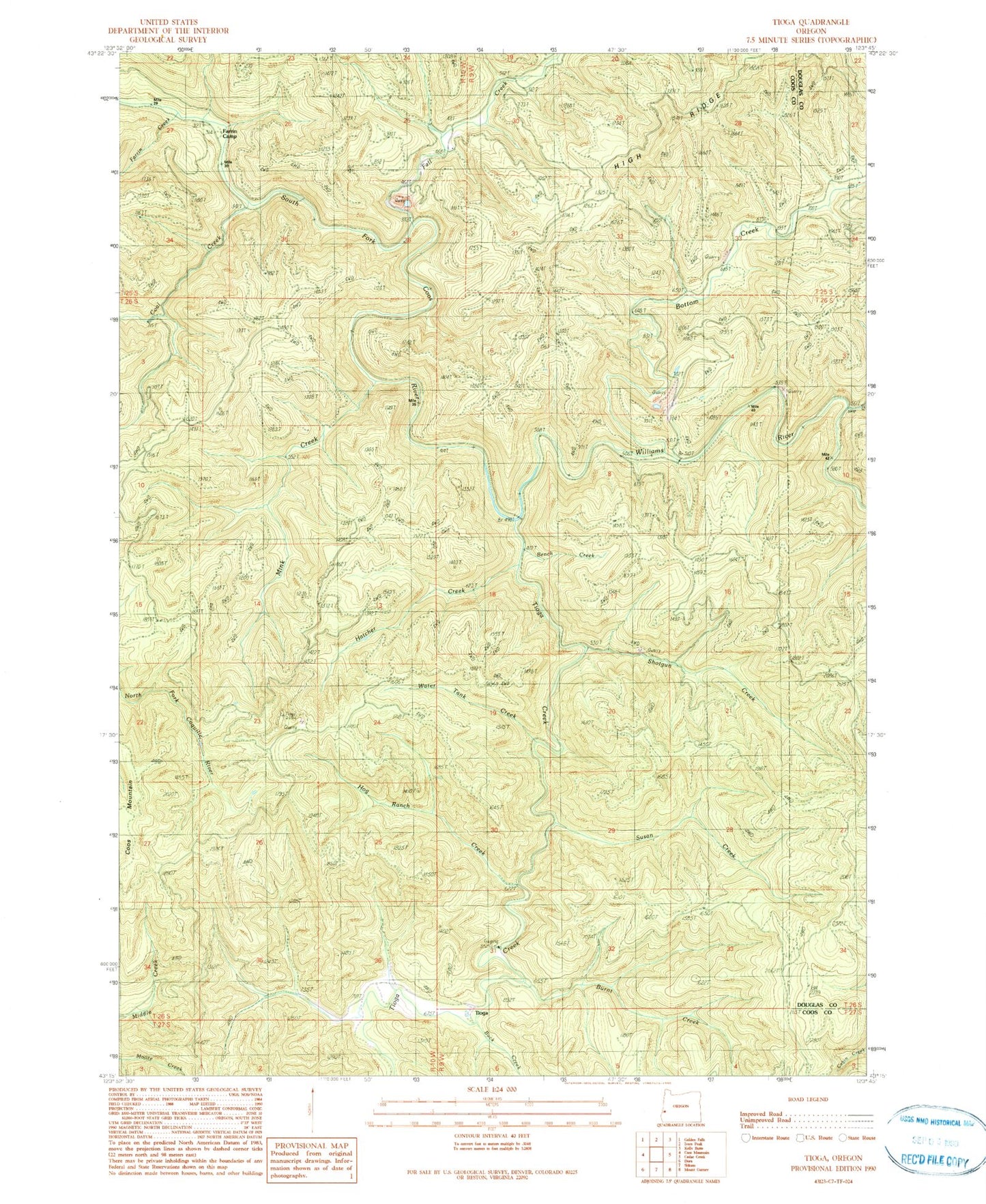 Classic USGS Tioga Oregon 7.5'x7.5' Topo Map Image