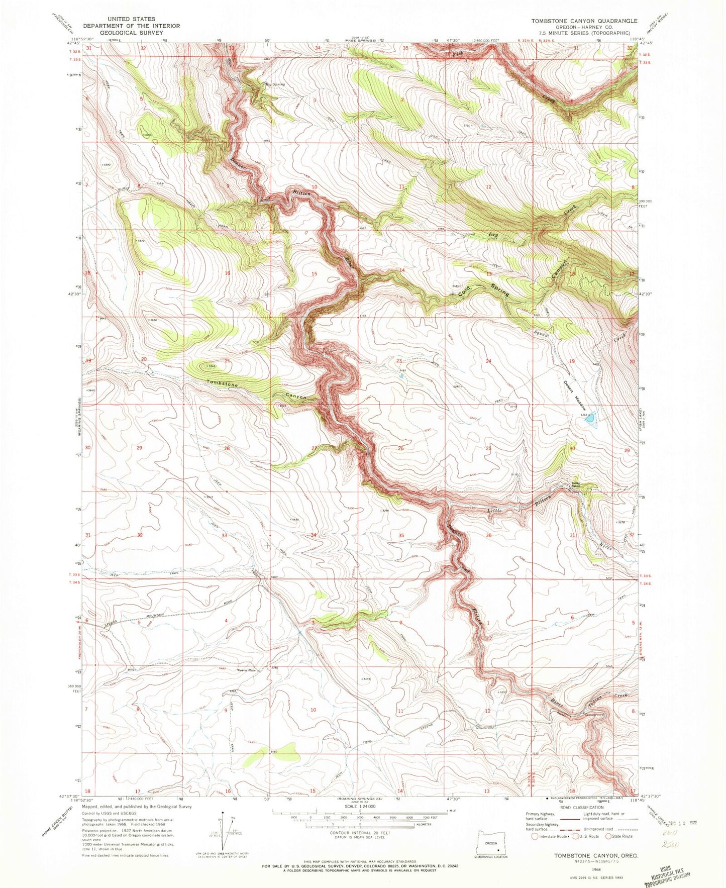Classic USGS Tombstone Canyon Oregon 7.5'x7.5' Topo Map Image