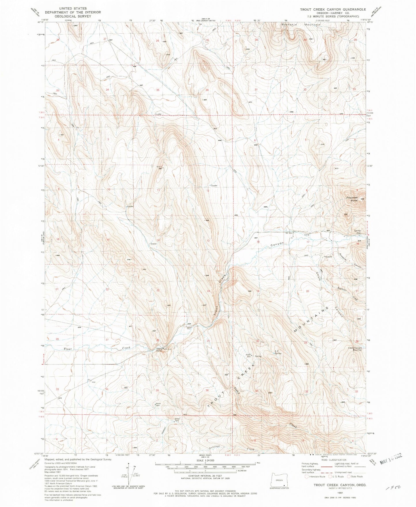 Classic USGS Trout Creek Canyon Oregon 7.5'x7.5' Topo Map Image