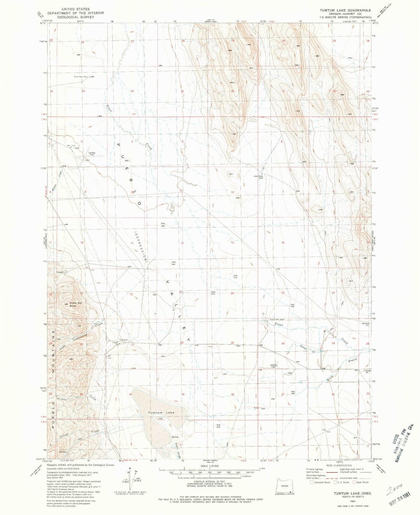 Classic USGS Tumtum Lake Oregon 7.5'x7.5' Topo Map Image