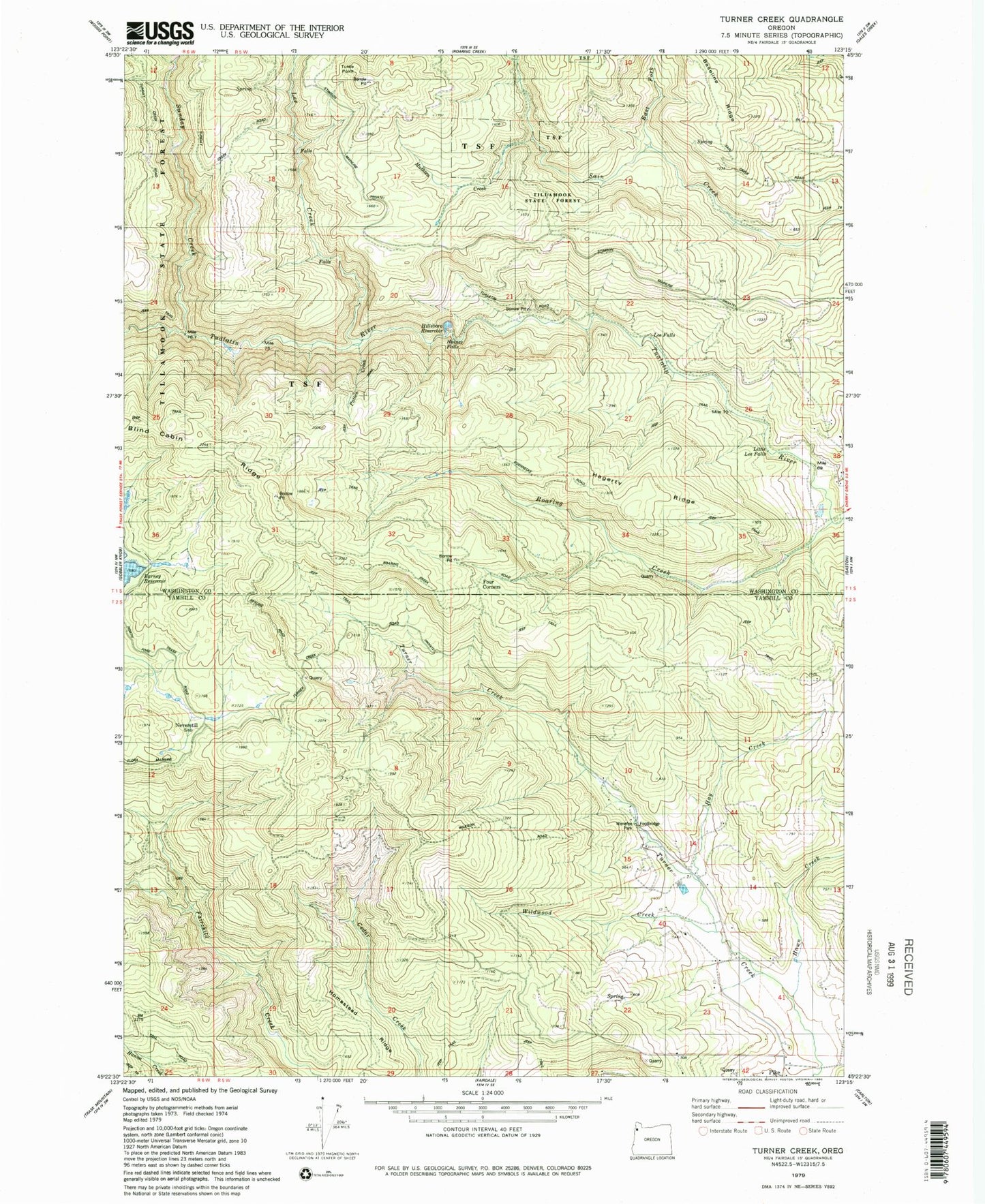 Classic USGS Turner Creek Oregon 7.5'x7.5' Topo Map Image