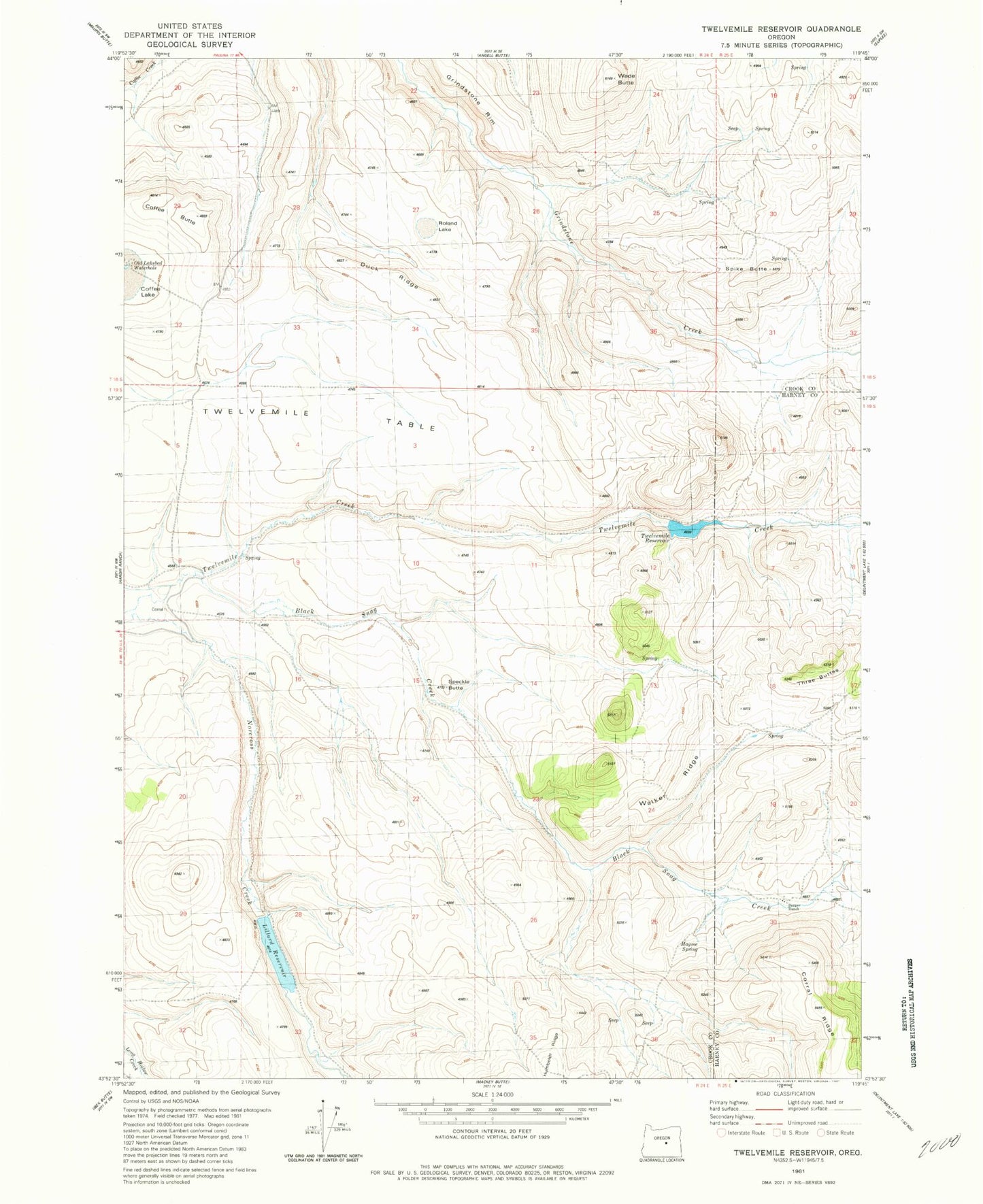 Classic USGS Twelvemile Reservoir Oregon 7.5'x7.5' Topo Map Image