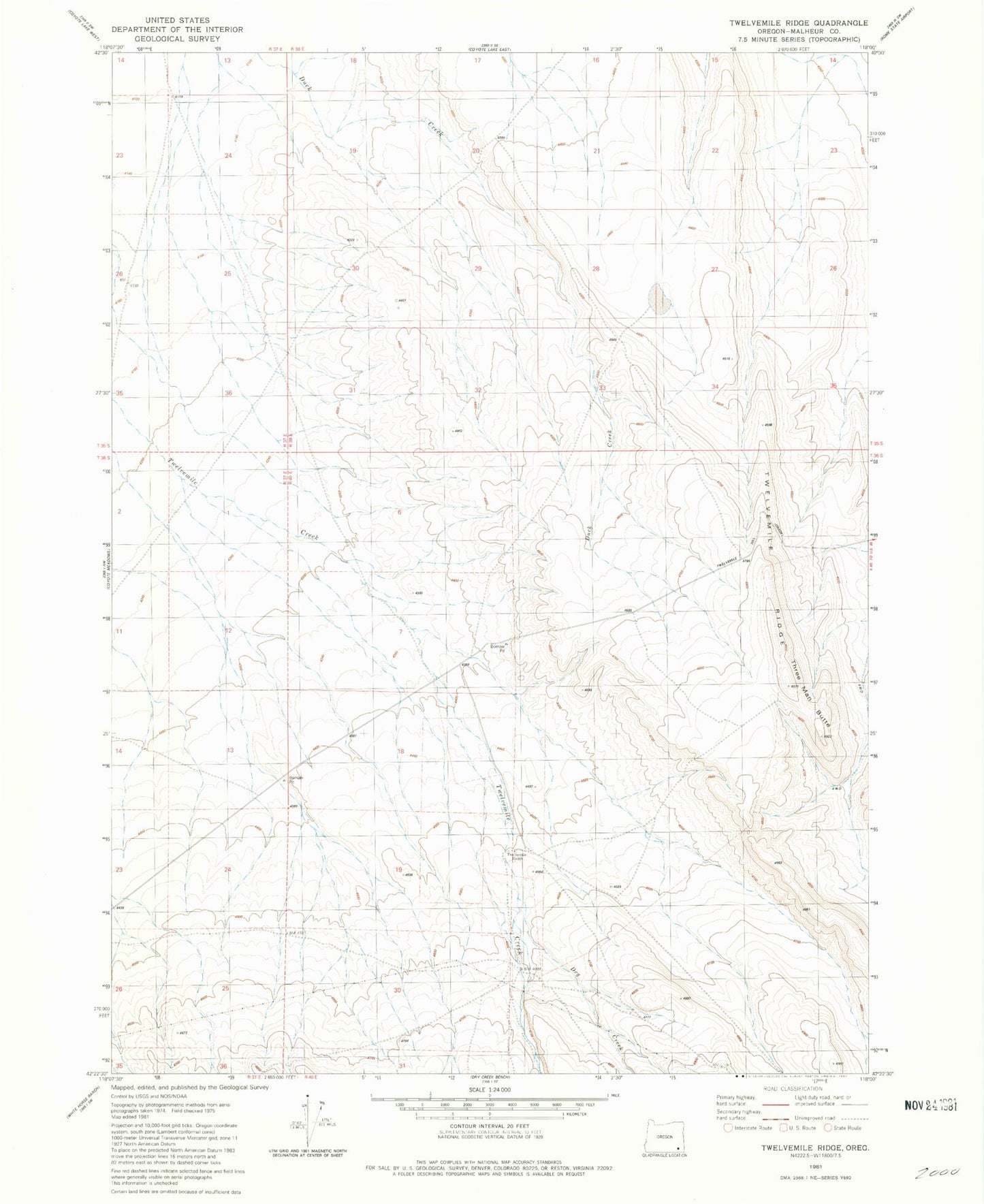 Classic USGS Twelvemile Ridge Oregon 7.5'x7.5' Topo Map Image