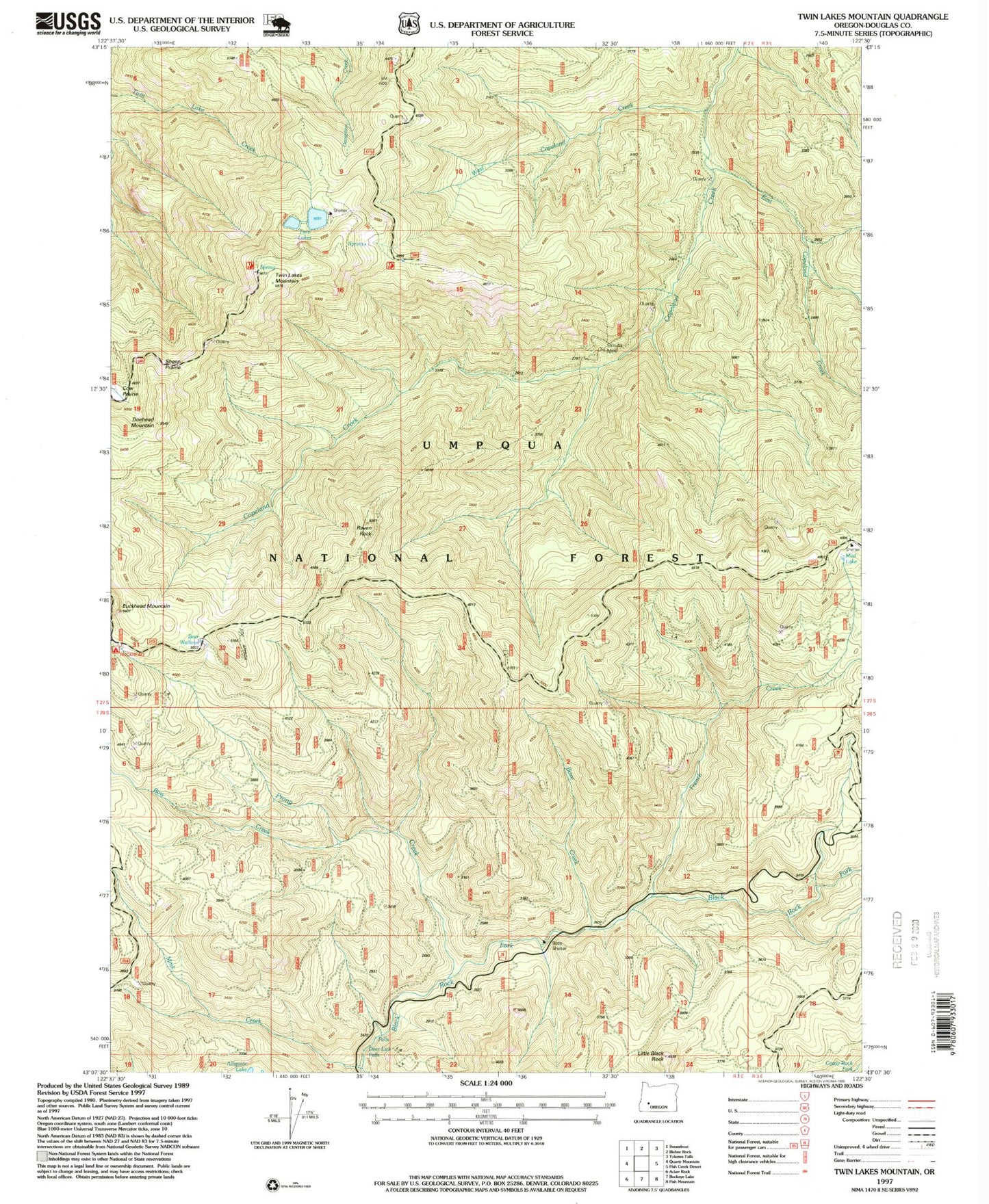 Classic USGS Twin Lakes Mountain Oregon 7.5'x7.5' Topo Map Image