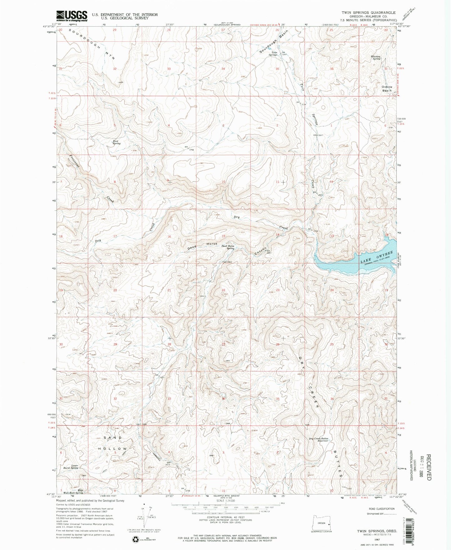 Classic USGS Twin Springs Oregon 7.5'x7.5' Topo Map Image