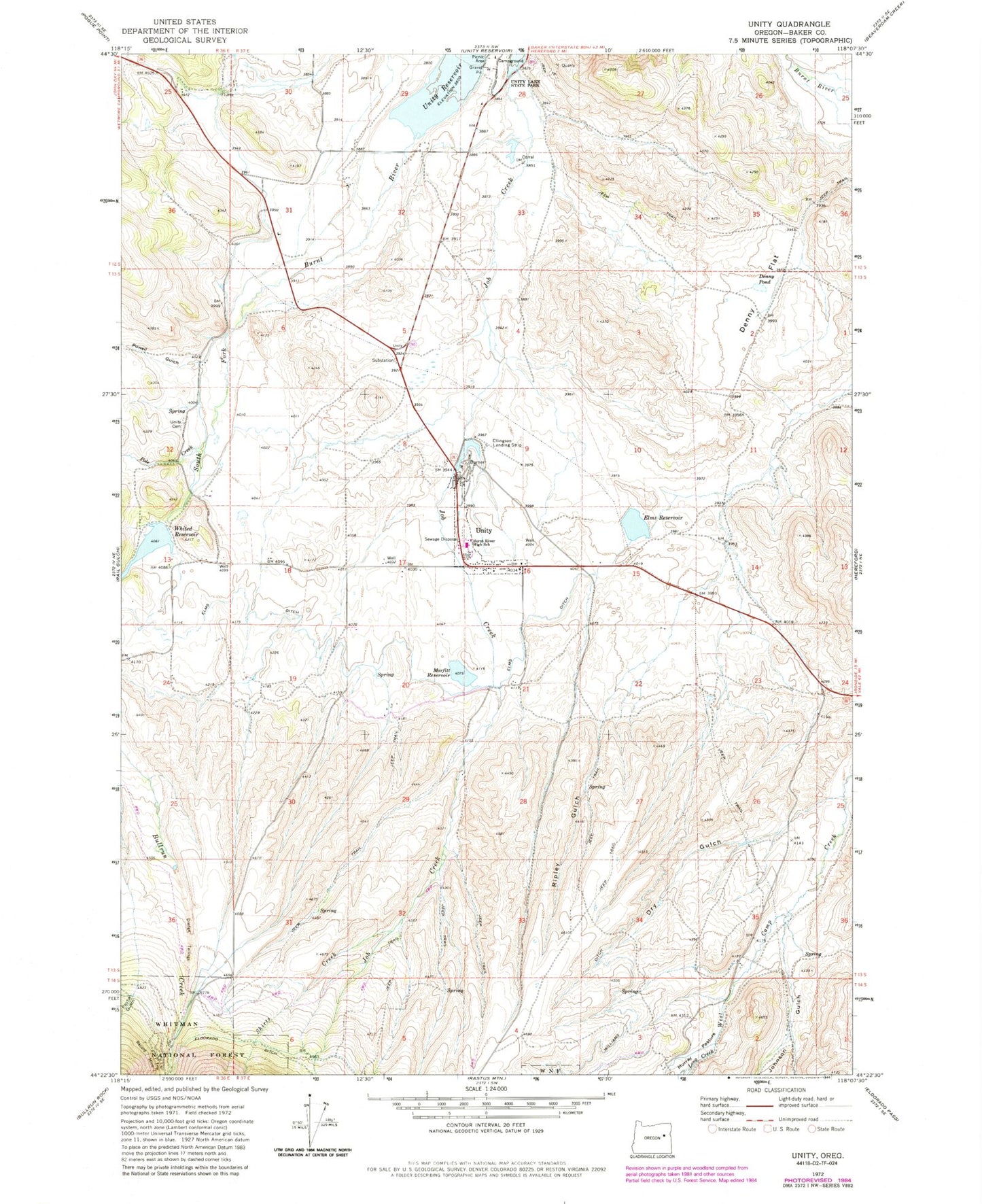 Classic USGS Unity Oregon 7.5'x7.5' Topo Map Image