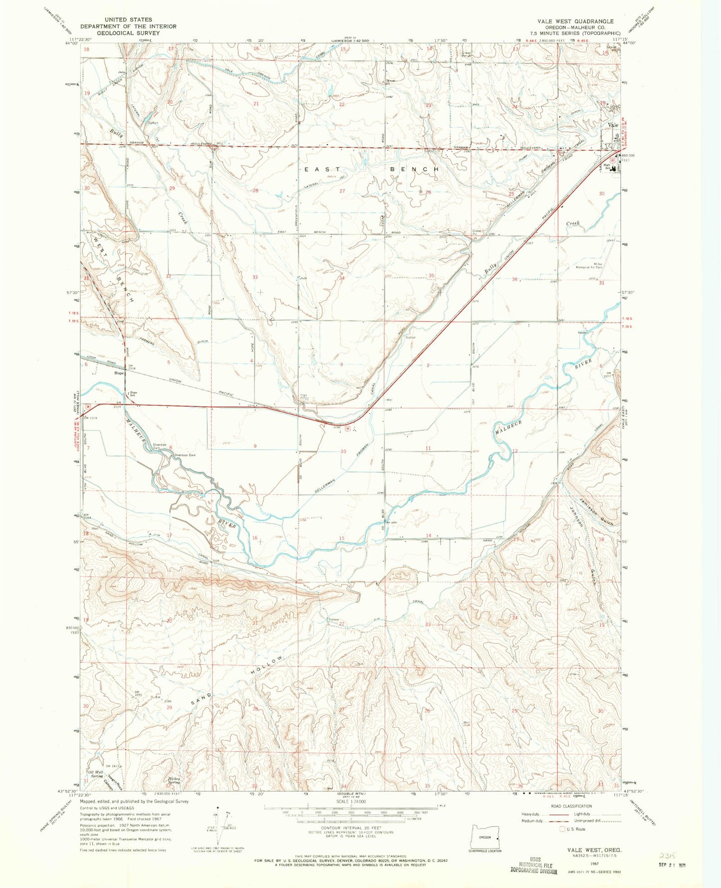 Classic USGS Vale West Oregon 7.5'x7.5' Topo Map Image