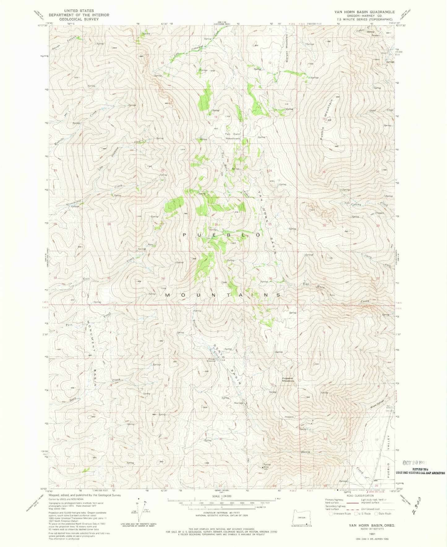 Classic USGS Van Horn Basin Oregon 7.5'x7.5' Topo Map Image