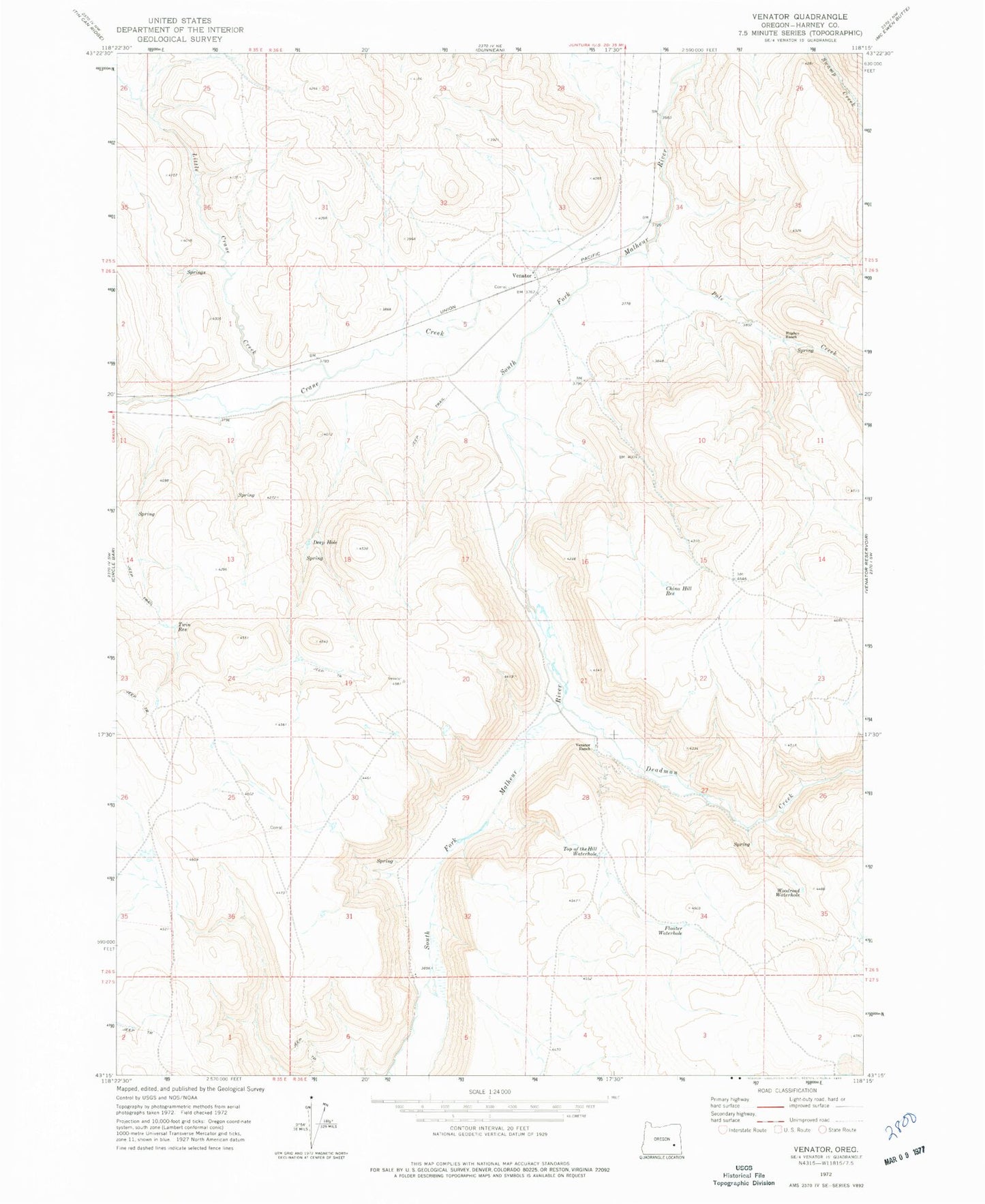 Classic USGS Venator Oregon 7.5'x7.5' Topo Map Image