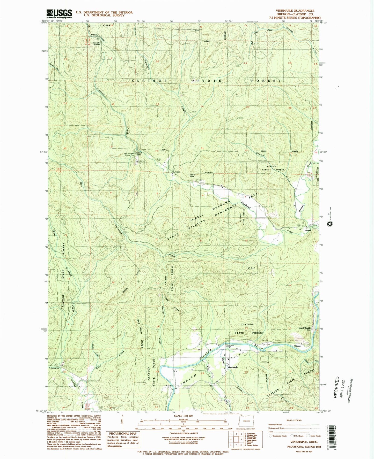 Classic USGS Vinemaple Oregon 7.5'x7.5' Topo Map Image