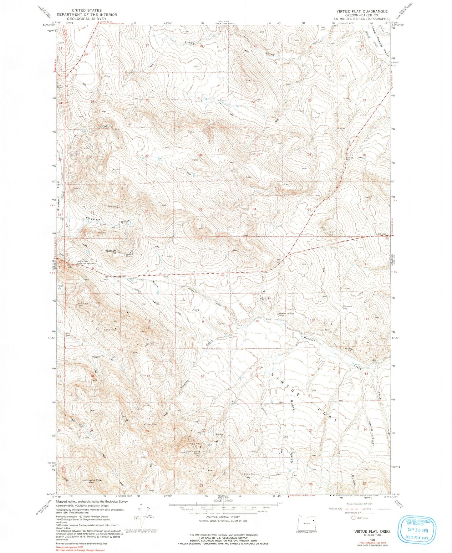 Classic USGS Virtue Flat Oregon 7.5'x7.5' Topo Map Image
