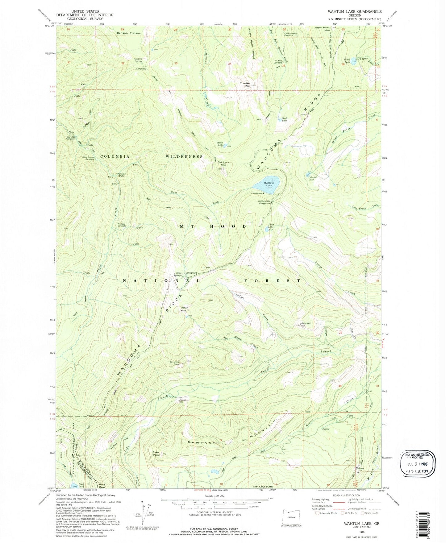 Classic USGS Wahtum Lake Oregon 7.5'x7.5' Topo Map Image