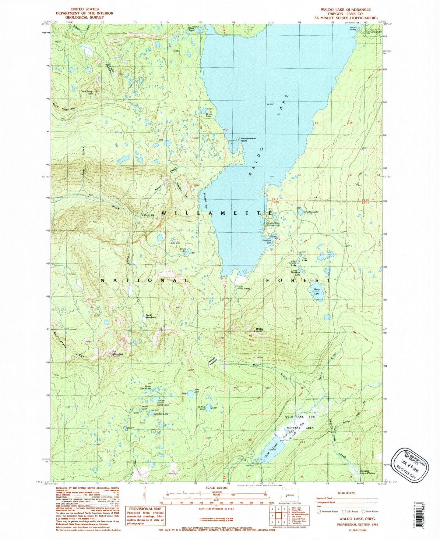 Classic USGS Waldo Lake Oregon 7.5'x7.5' Topo Map Image
