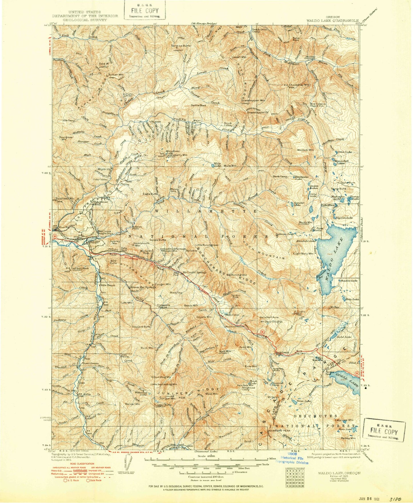 Historic 1925 Waldo Lake Oregon 30'x30' Topo Map Image