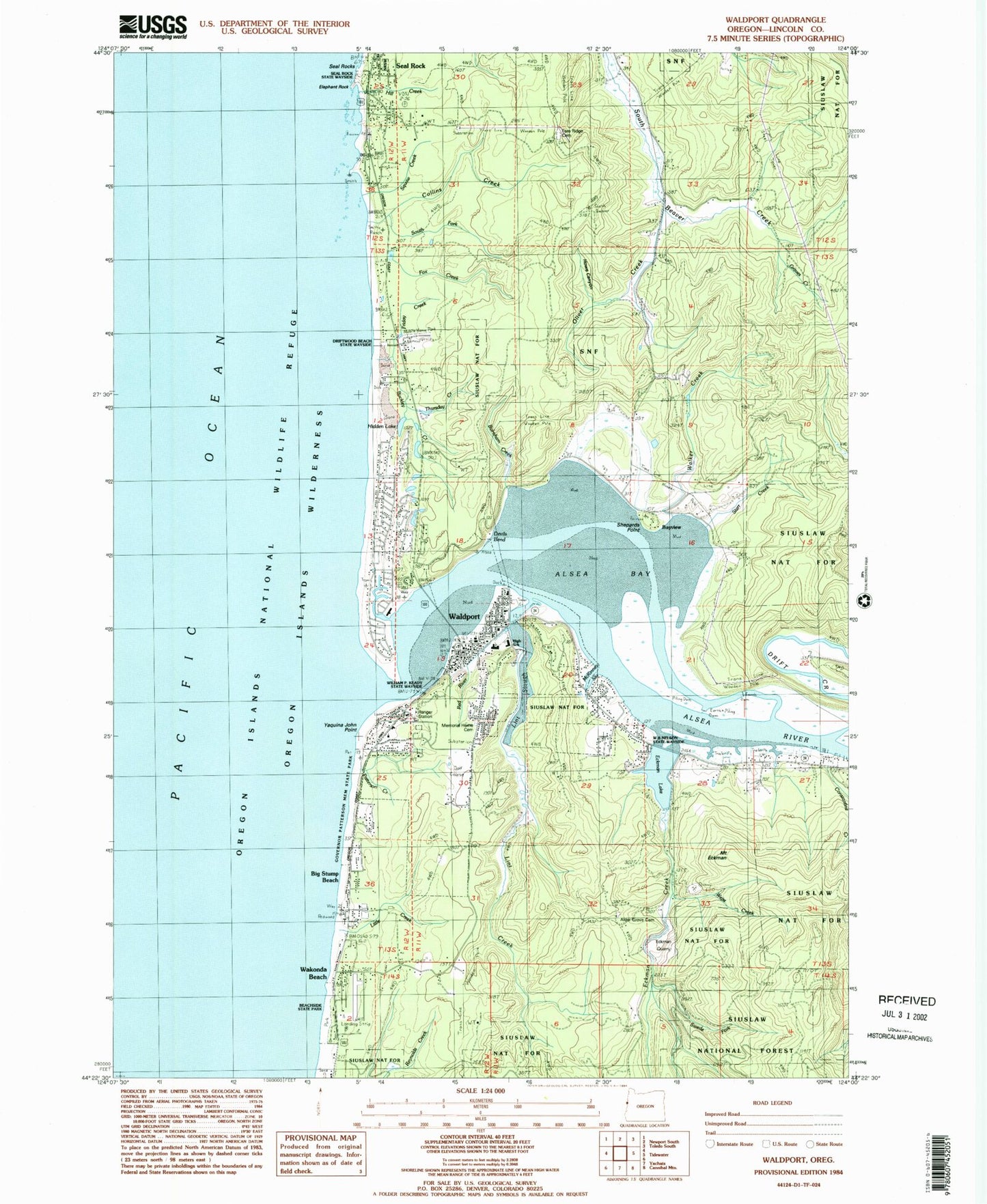 Classic USGS Waldport Oregon 7.5'x7.5' Topo Map Image