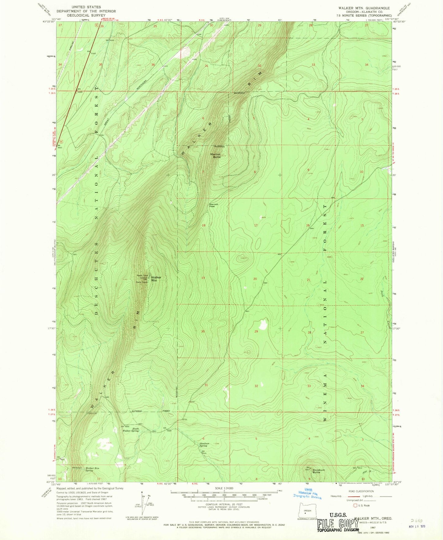 Classic USGS Walker Mountain Oregon 7.5'x7.5' Topo Map Image