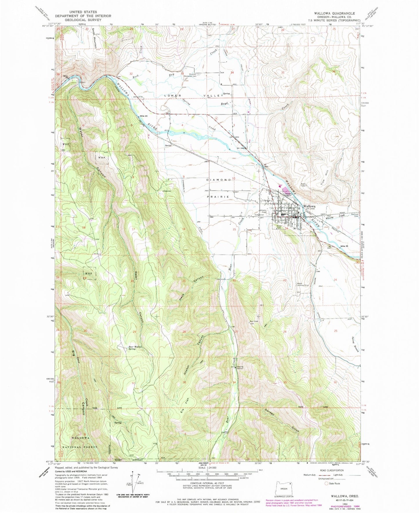 Classic USGS Wallowa Oregon 7.5'x7.5' Topo Map Image