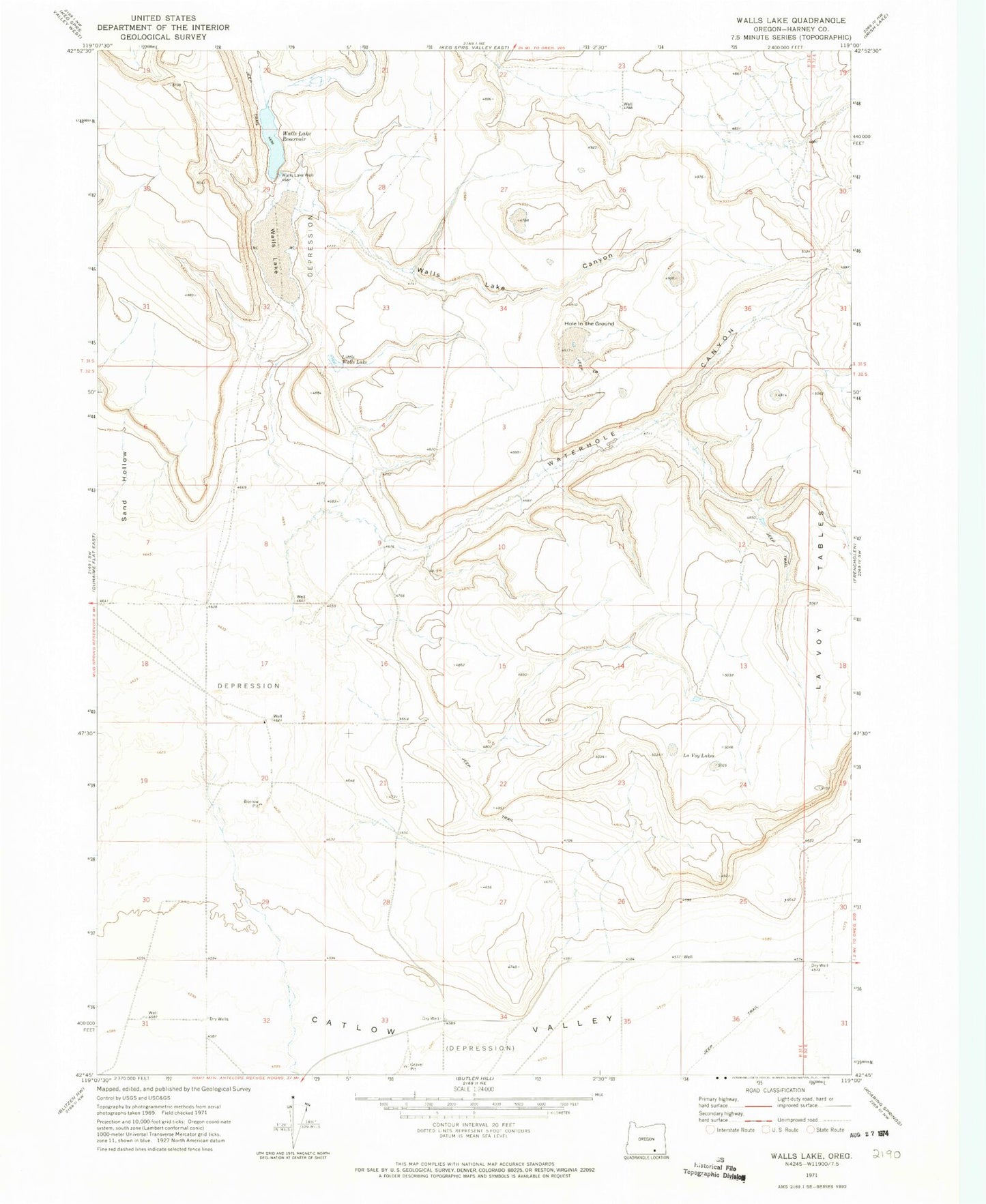 Classic USGS Walls Lake Oregon 7.5'x7.5' Topo Map Image