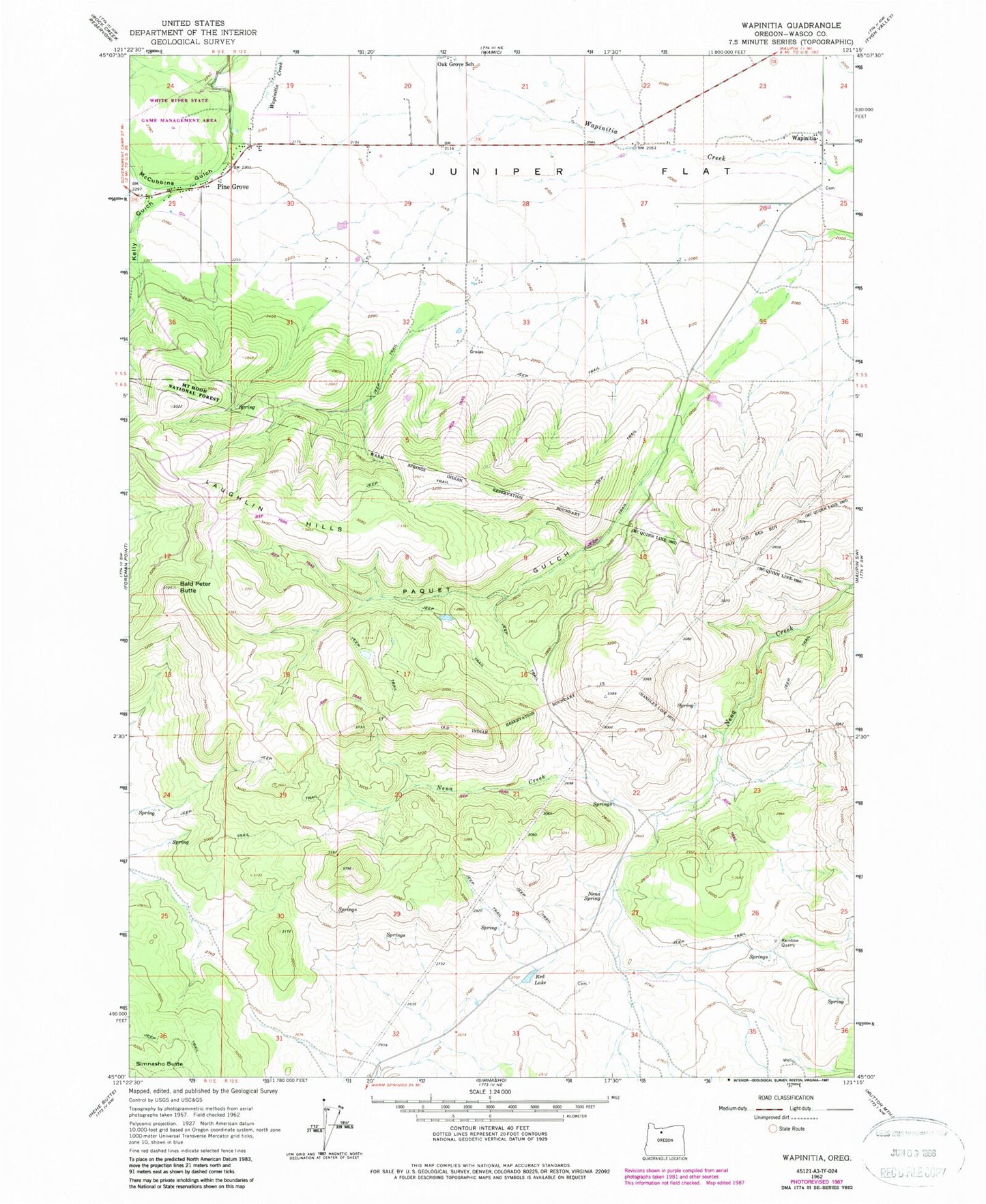 Classic USGS Wapinitia Oregon 7.5'x7.5' Topo Map Image