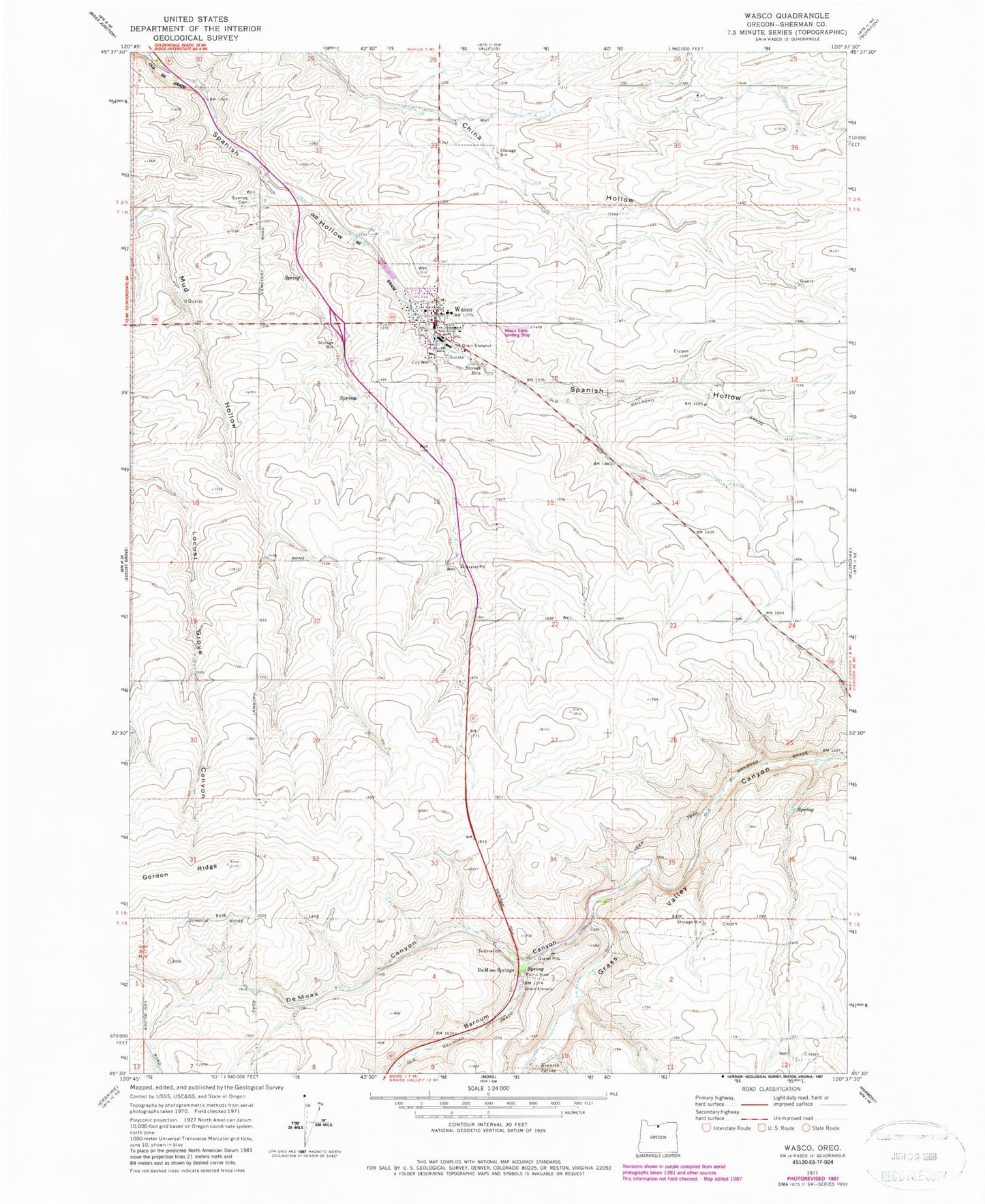Classic USGS Wasco Oregon 7.5'x7.5' Topo Map Image