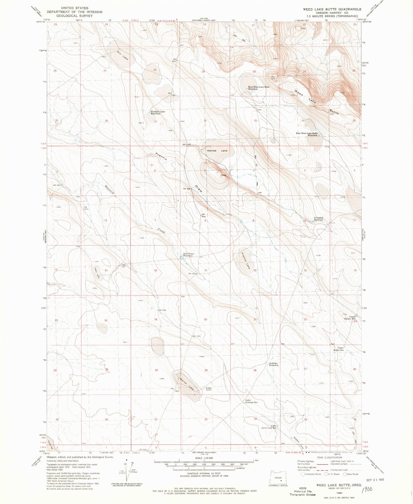 Classic USGS Weed Lake Butte Oregon 7.5'x7.5' Topo Map Image