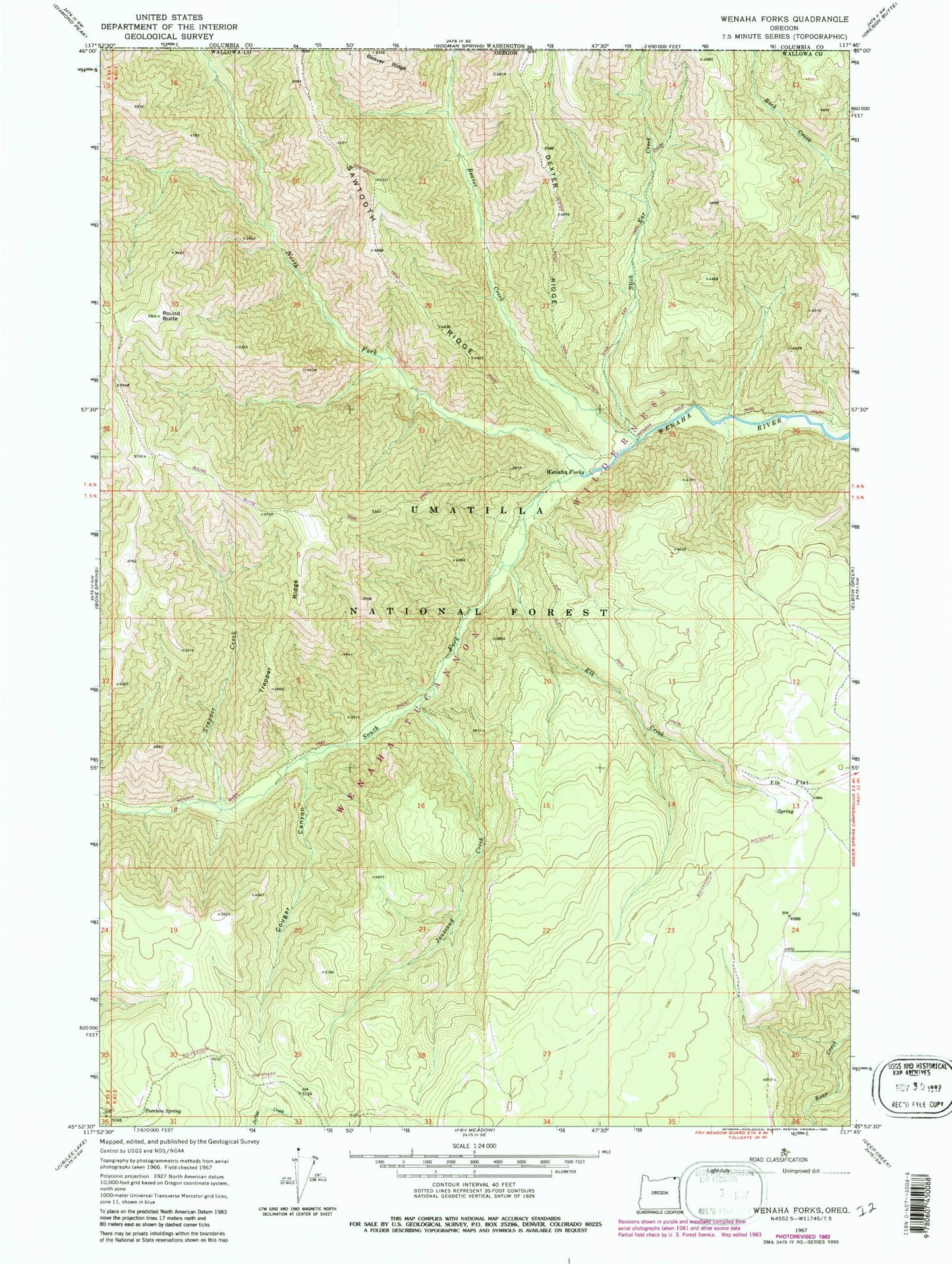 Classic USGS Wenaha Forks Oregon 7.5'x7.5' Topo Map Image