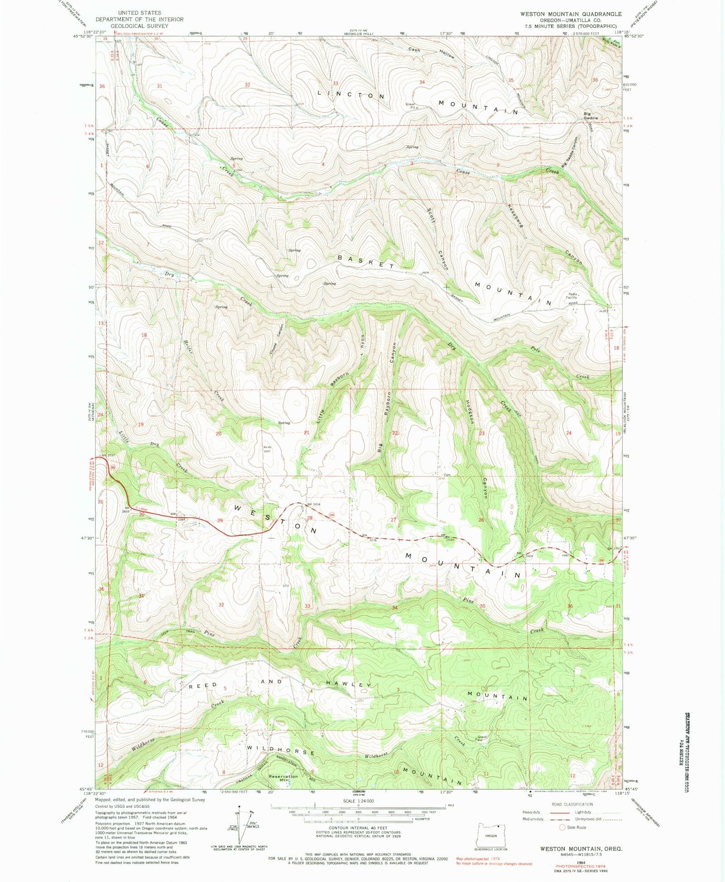 Classic USGS Weston Mountain Oregon 7.5'x7.5' Topo Map Image
