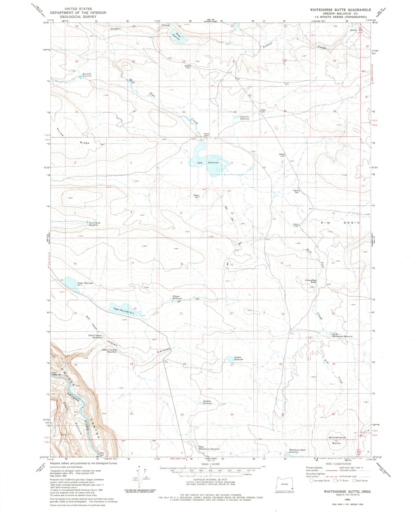 Classic USGS Whitehorse Butte Oregon 7.5'x7.5' Topo Map Image
