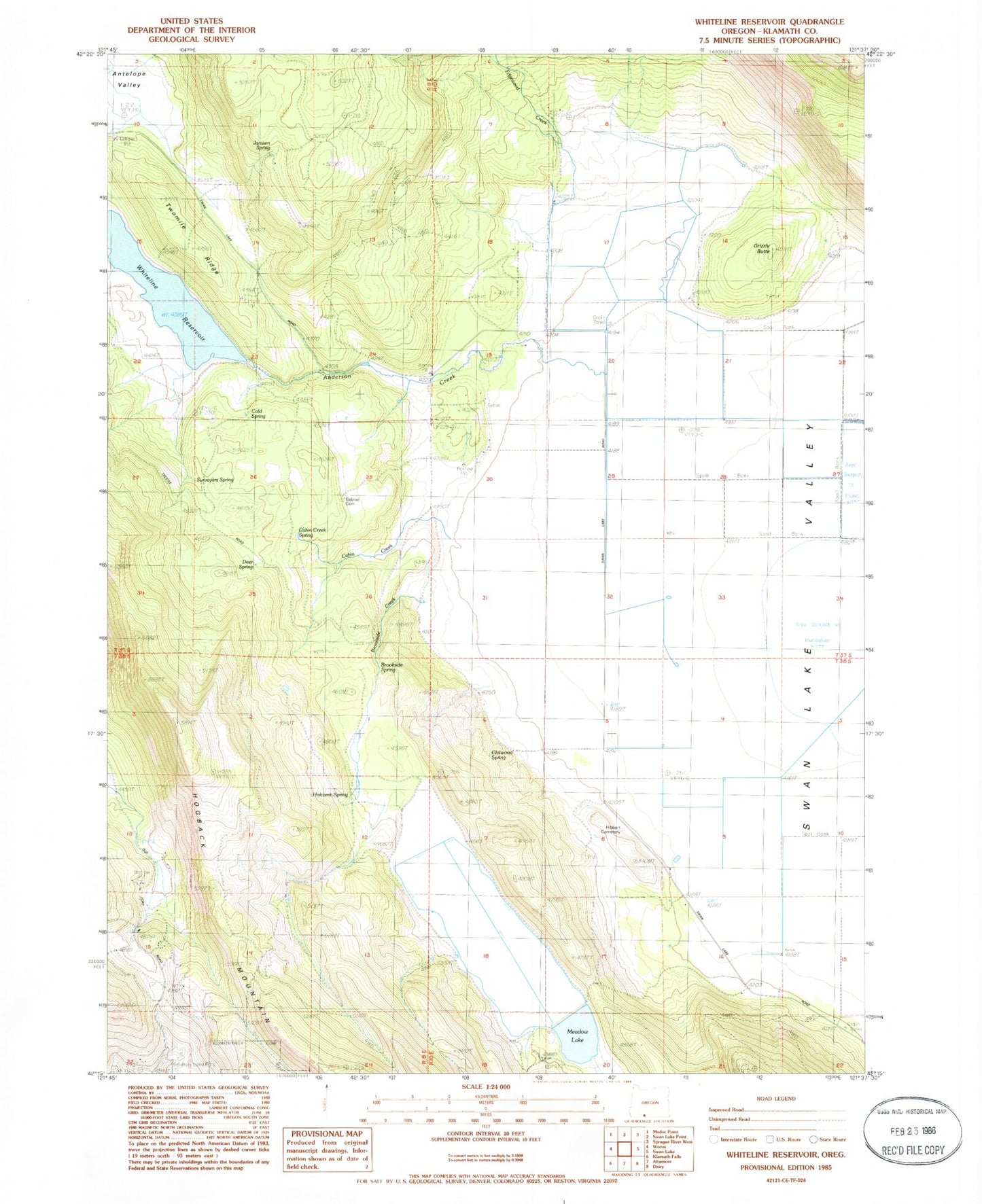 Classic USGS Whiteline Reservoir Oregon 7.5'x7.5' Topo Map Image