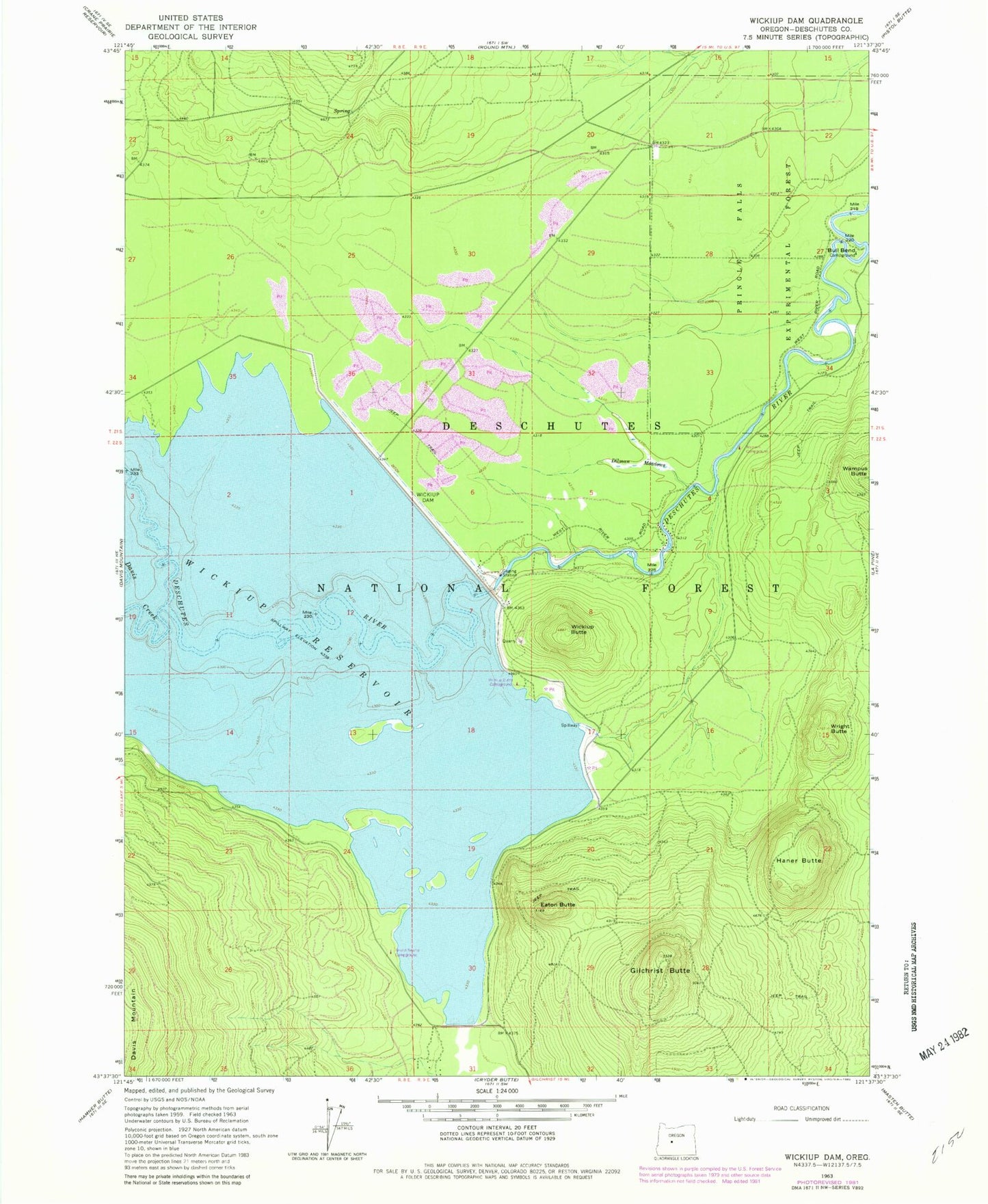 Classic USGS Wickiup Dam Oregon 7.5'x7.5' Topo Map Image