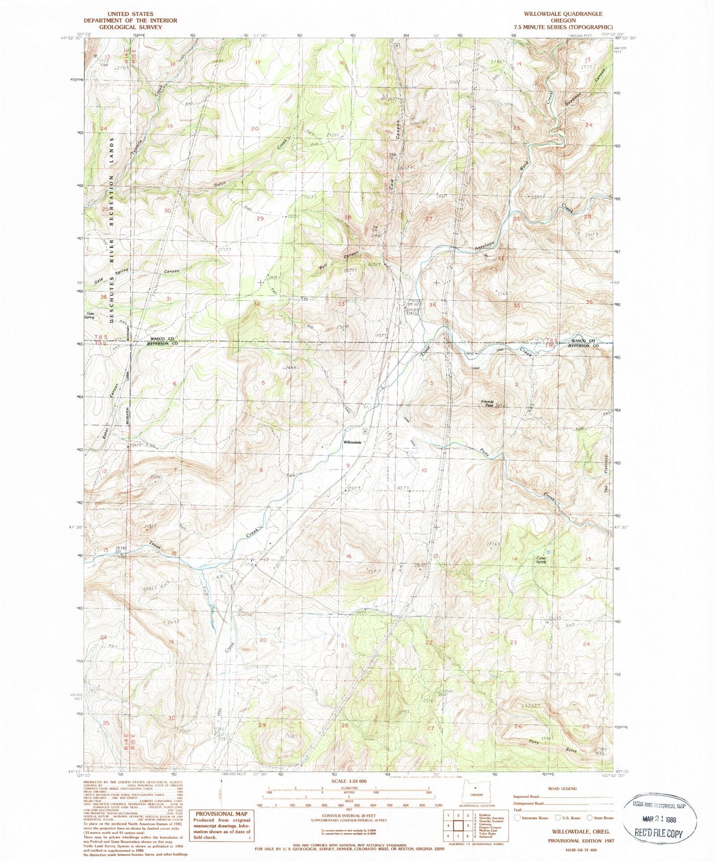 Classic USGS Willowcreek Oregon 7.5'x7.5' Topo Map Image