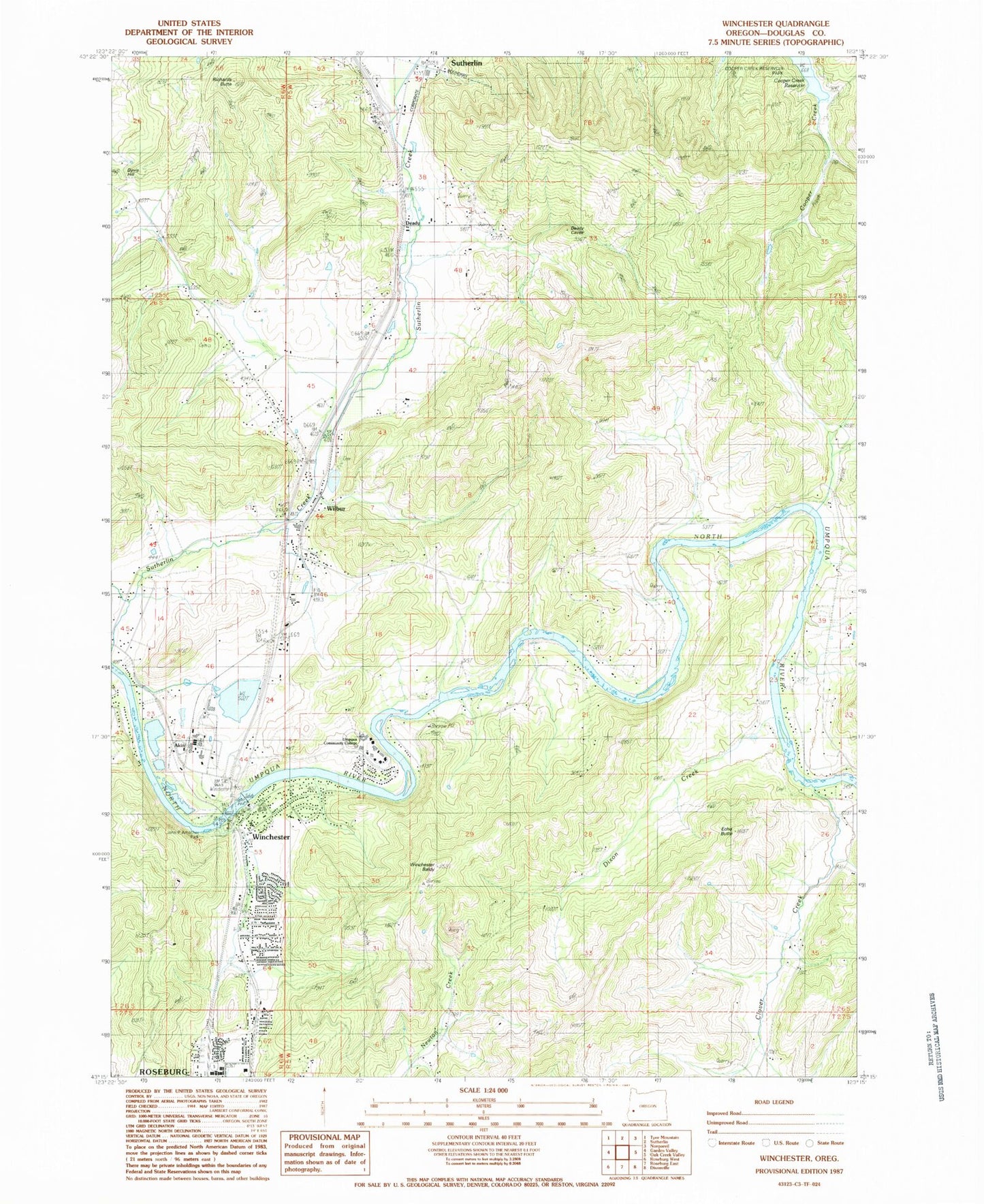 Classic USGS Winchester Oregon 7.5'x7.5' Topo Map Image
