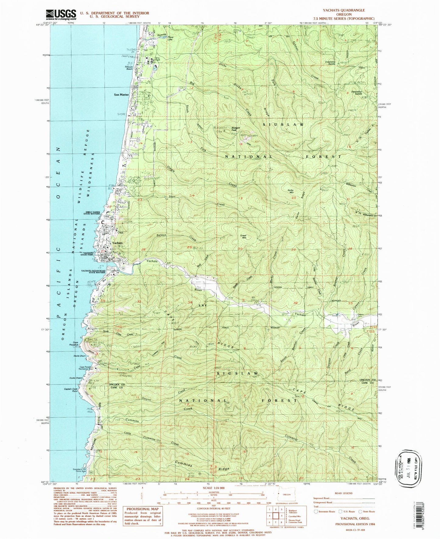 Classic USGS Yachats Oregon 7.5'x7.5' Topo Map Image