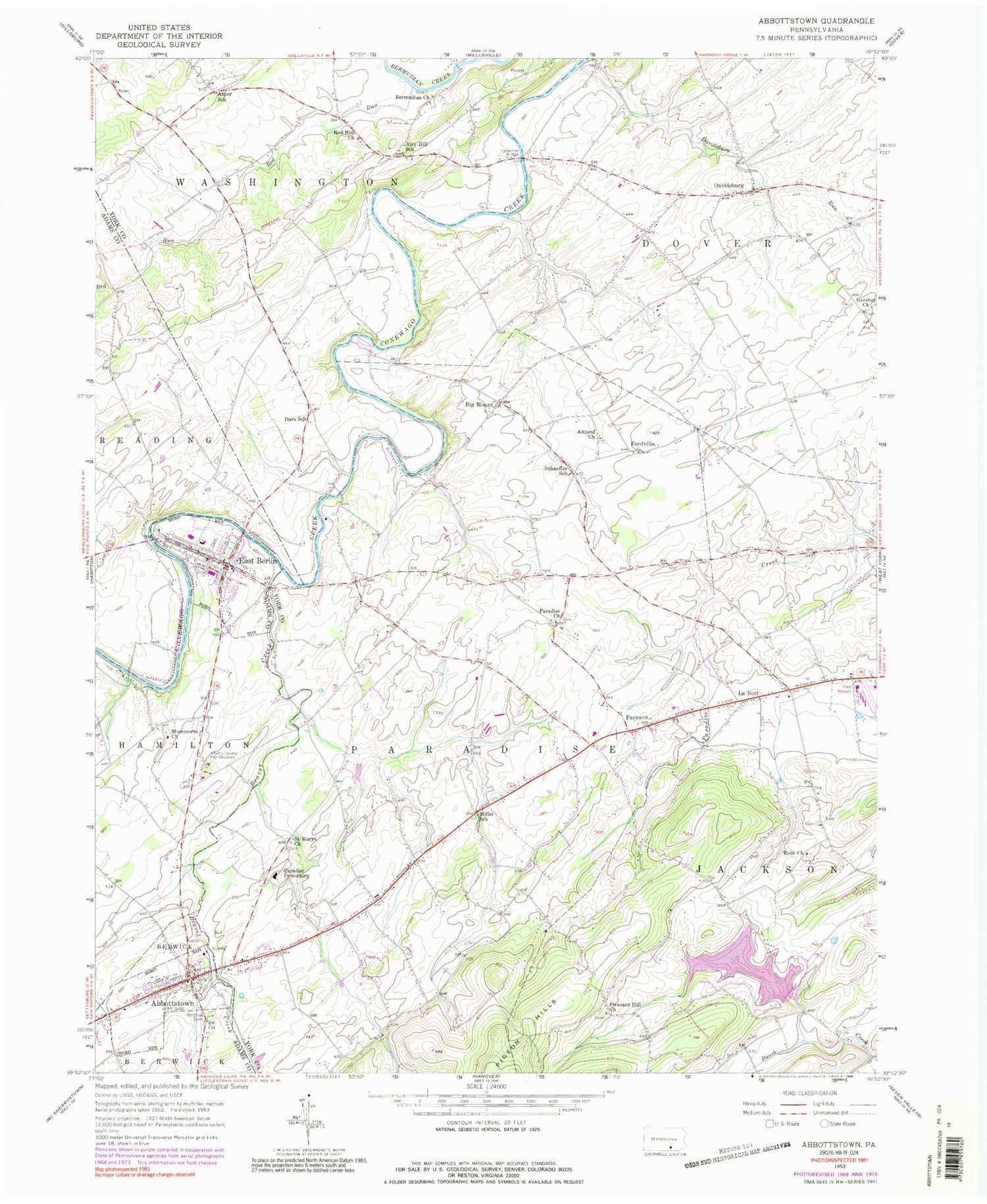 Classic USGS Abbottstown Pennsylvania 7.5'x7.5' Topo Map Image