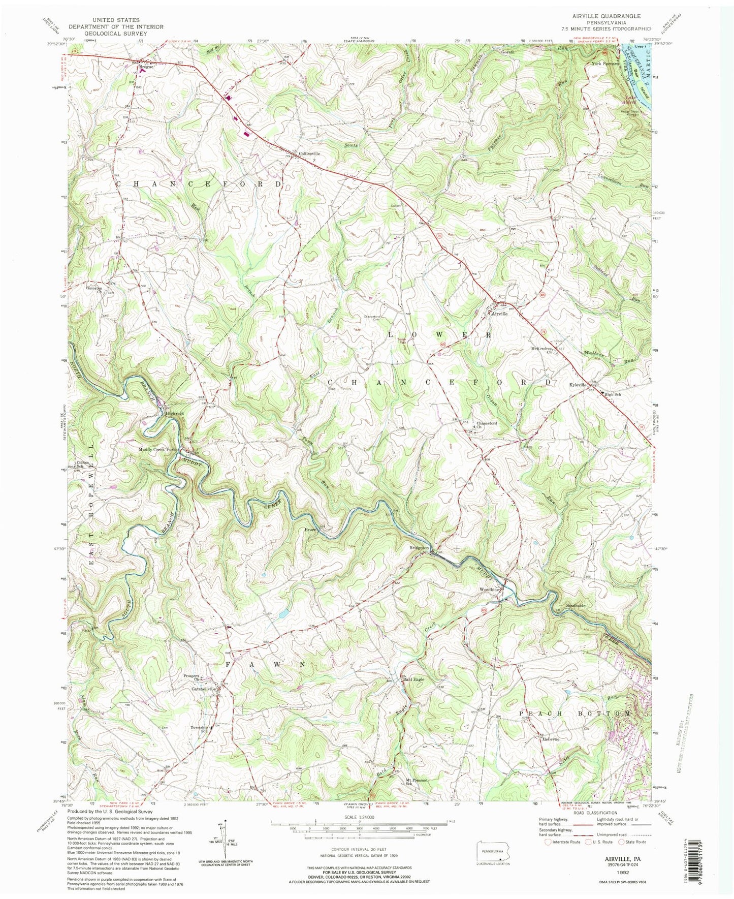 Classic USGS Airville Pennsylvania 7.5'x7.5' Topo Map Image