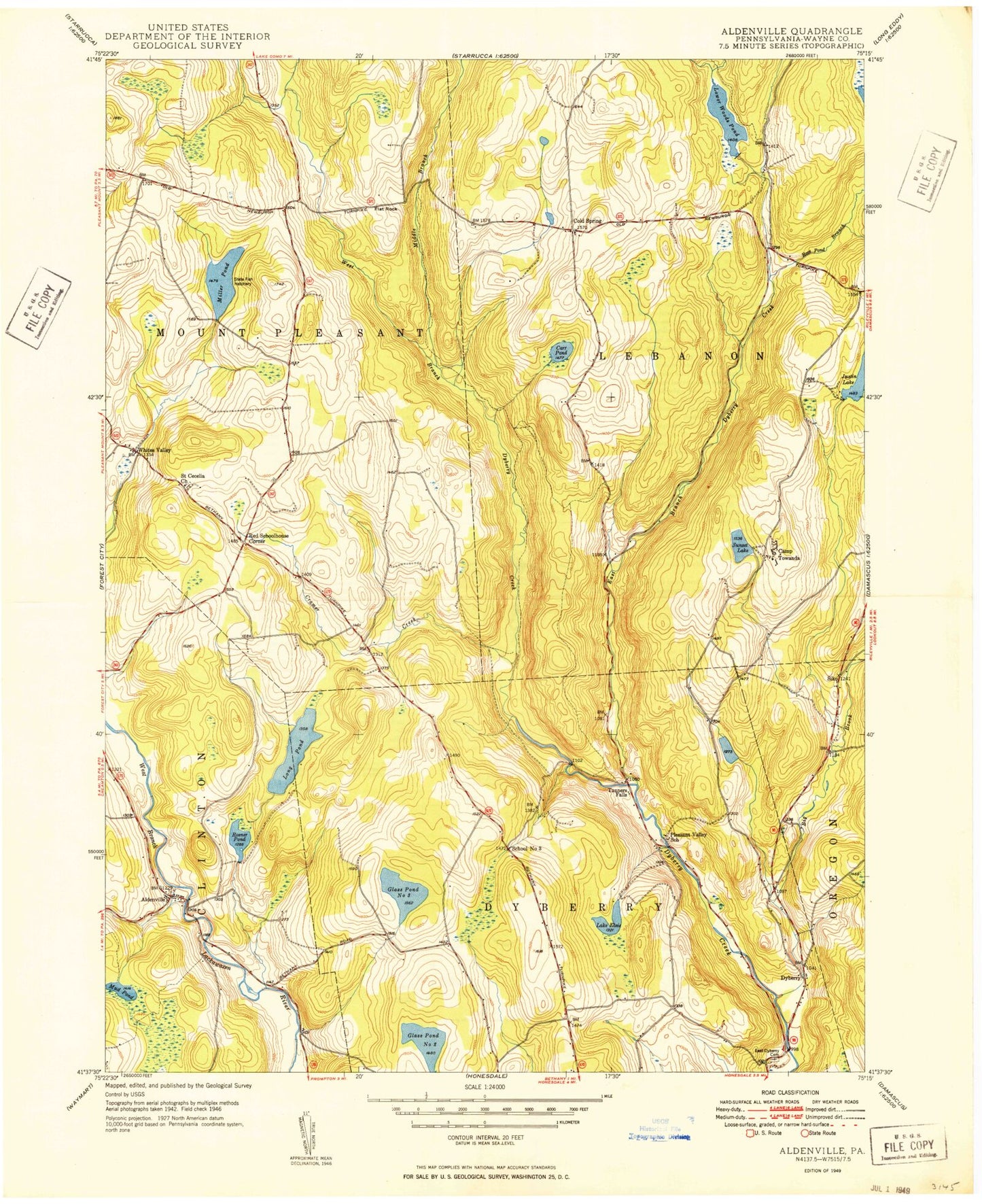 Classic USGS Aldenville Pennsylvania 7.5'x7.5' Topo Map Image