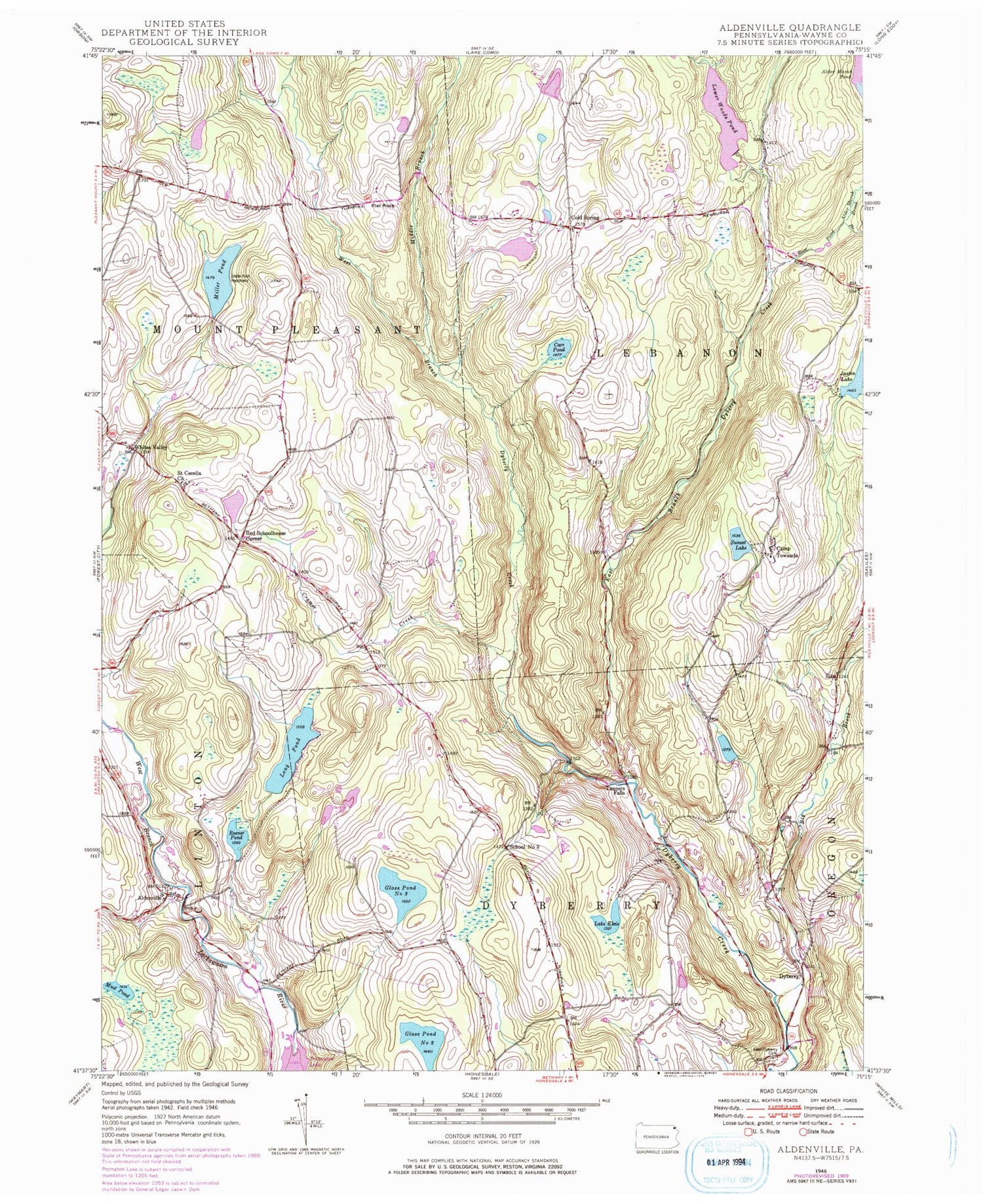 Classic USGS Aldenville Pennsylvania 7.5'x7.5' Topo Map Image