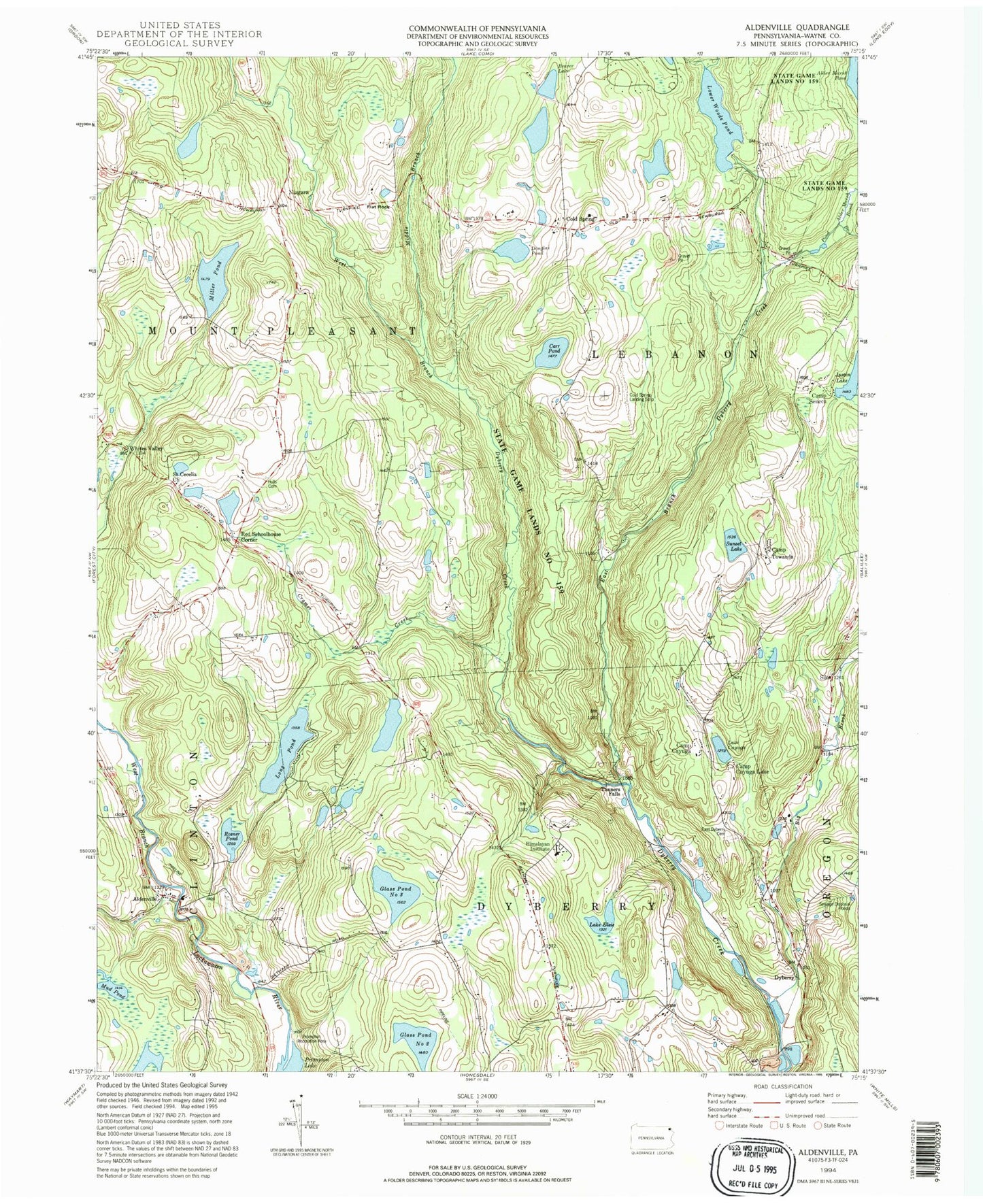 Classic USGS Aldenville Pennsylvania 7.5'x7.5' Topo Map Image