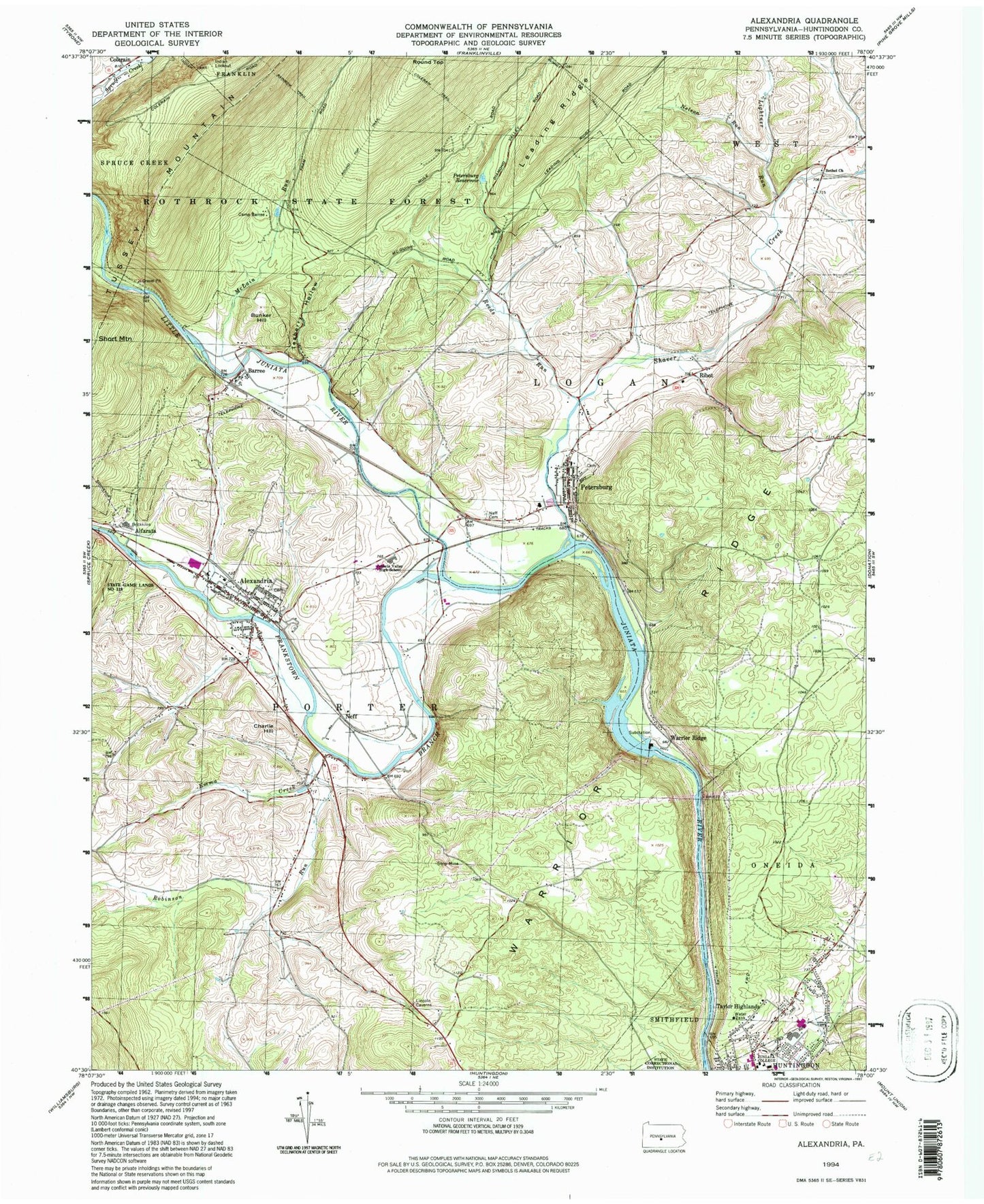 Classic USGS Alexandria Pennsylvania 7.5'x7.5' Topo Map Image