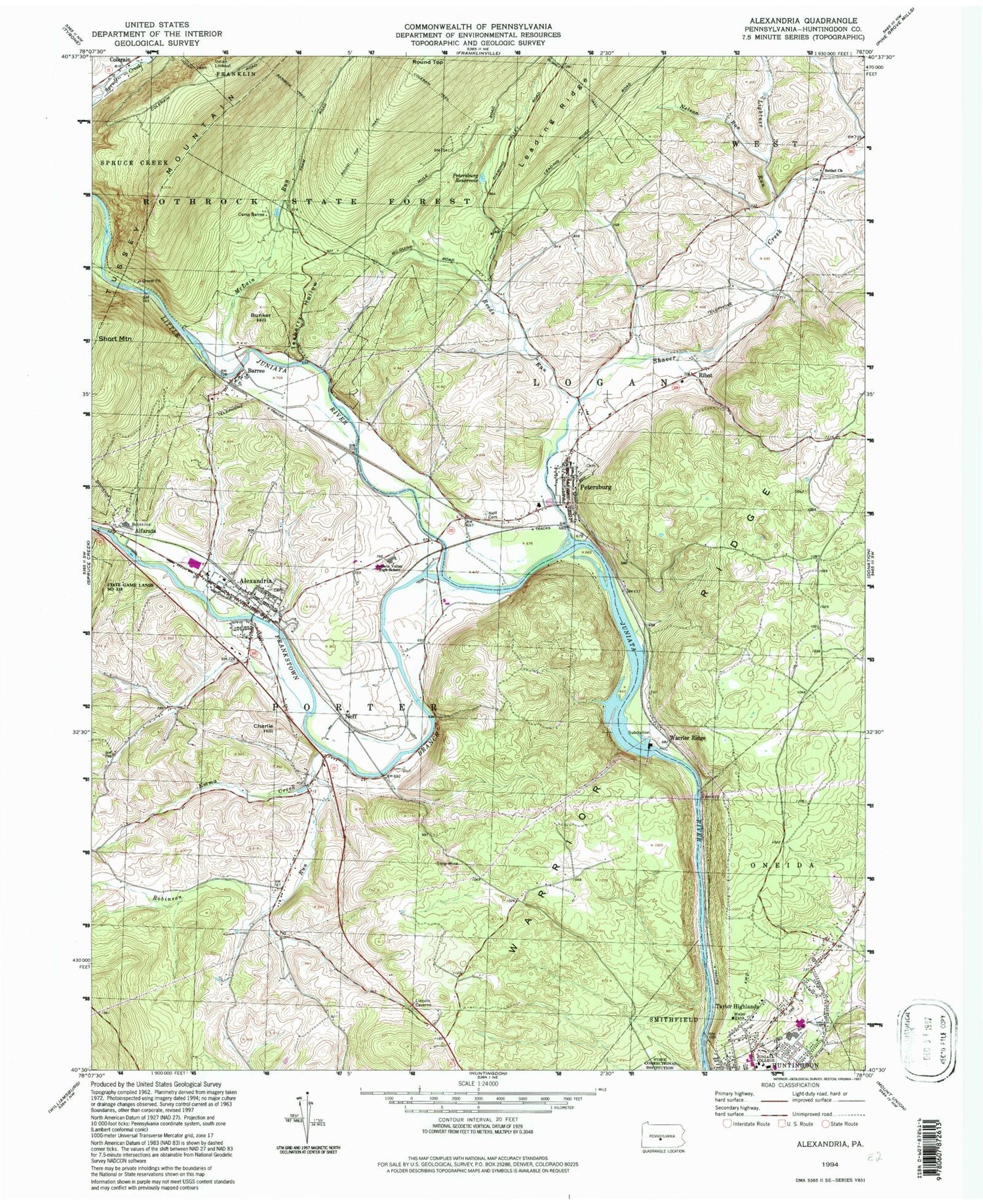 Classic USGS Alexandria Pennsylvania 7.5'x7.5' Topo Map Image