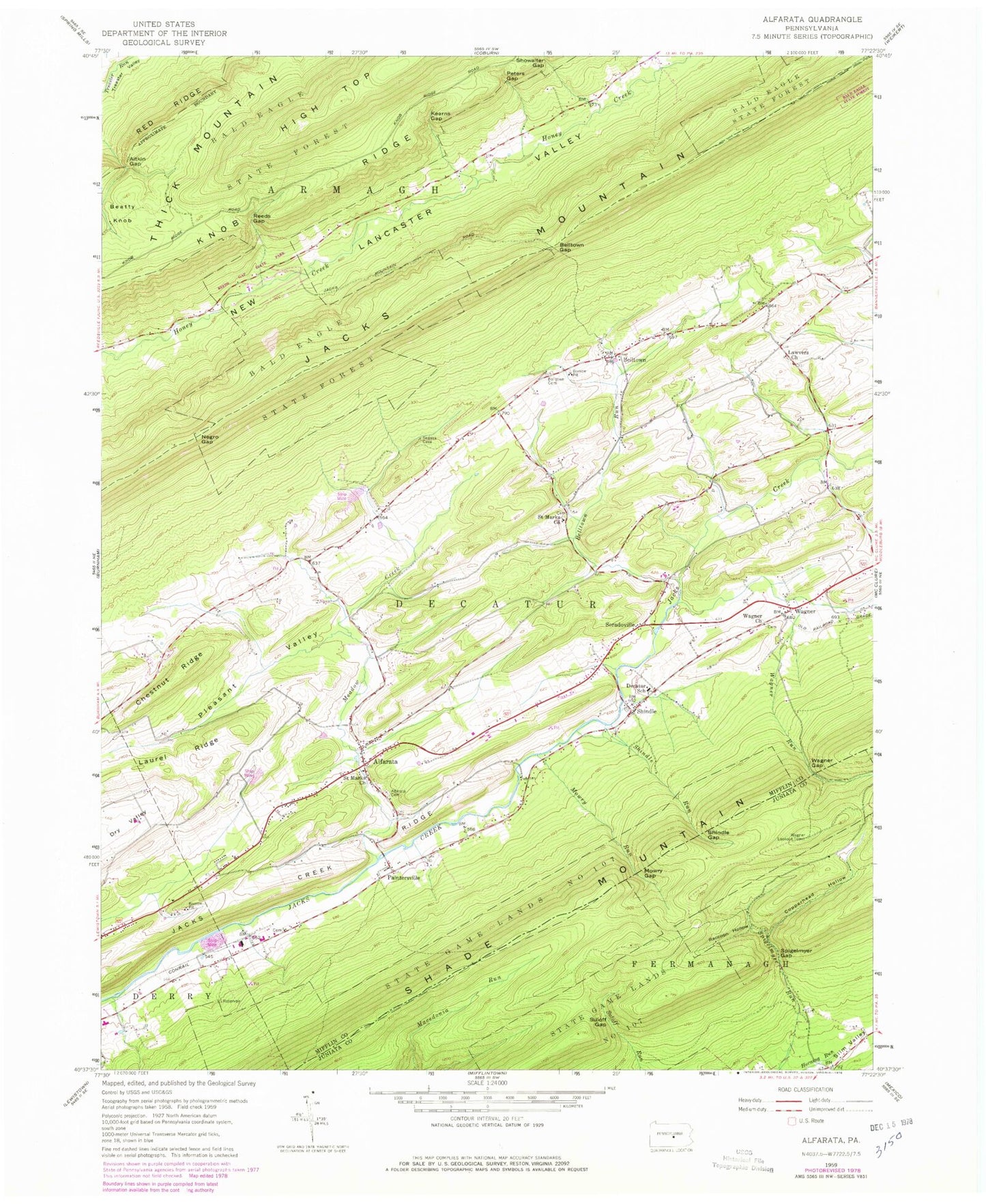 Classic USGS Alfarata Pennsylvania 7.5'x7.5' Topo Map Image
